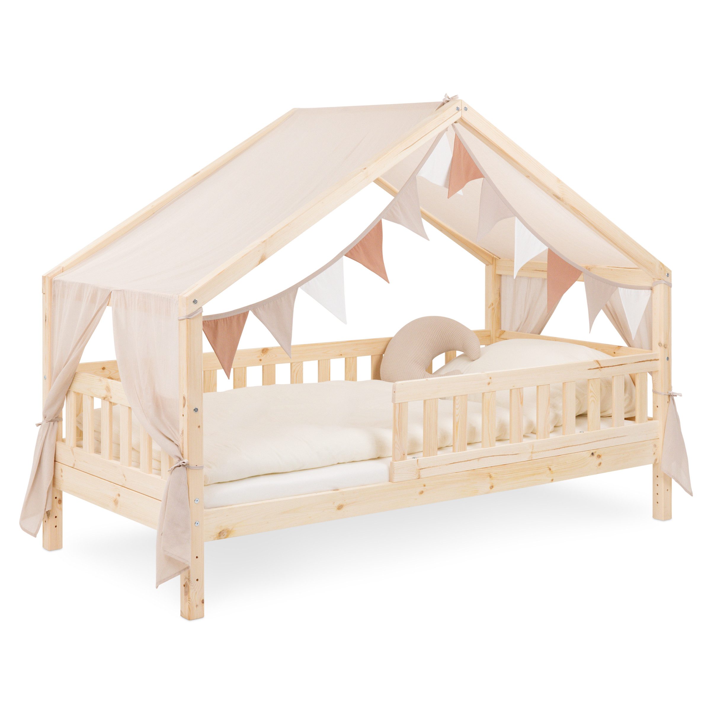 Ehrenkind Betthimmel für Panorama Hausbett Lille mit Wimpelkette (Beige, passend für Panorama Hausbett Lille 90x200), halbtransparenter Stoff mit hoher Luftdurchlässigkeit