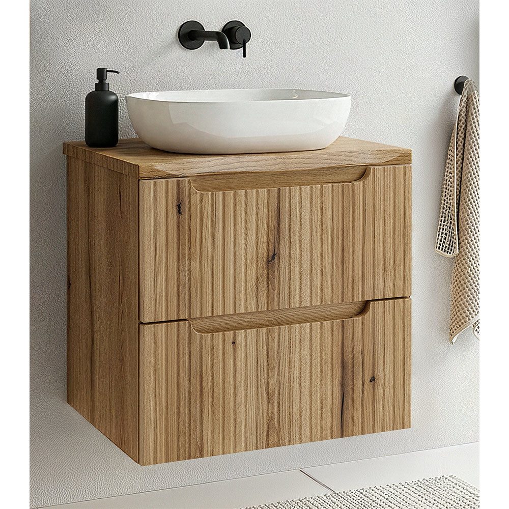 Lomadox Waschtisch NEWPORT-56-EVOKE, 60 cm, Eiche mit gerillter Front, Waschtischplatte mit Baumkantenoptik