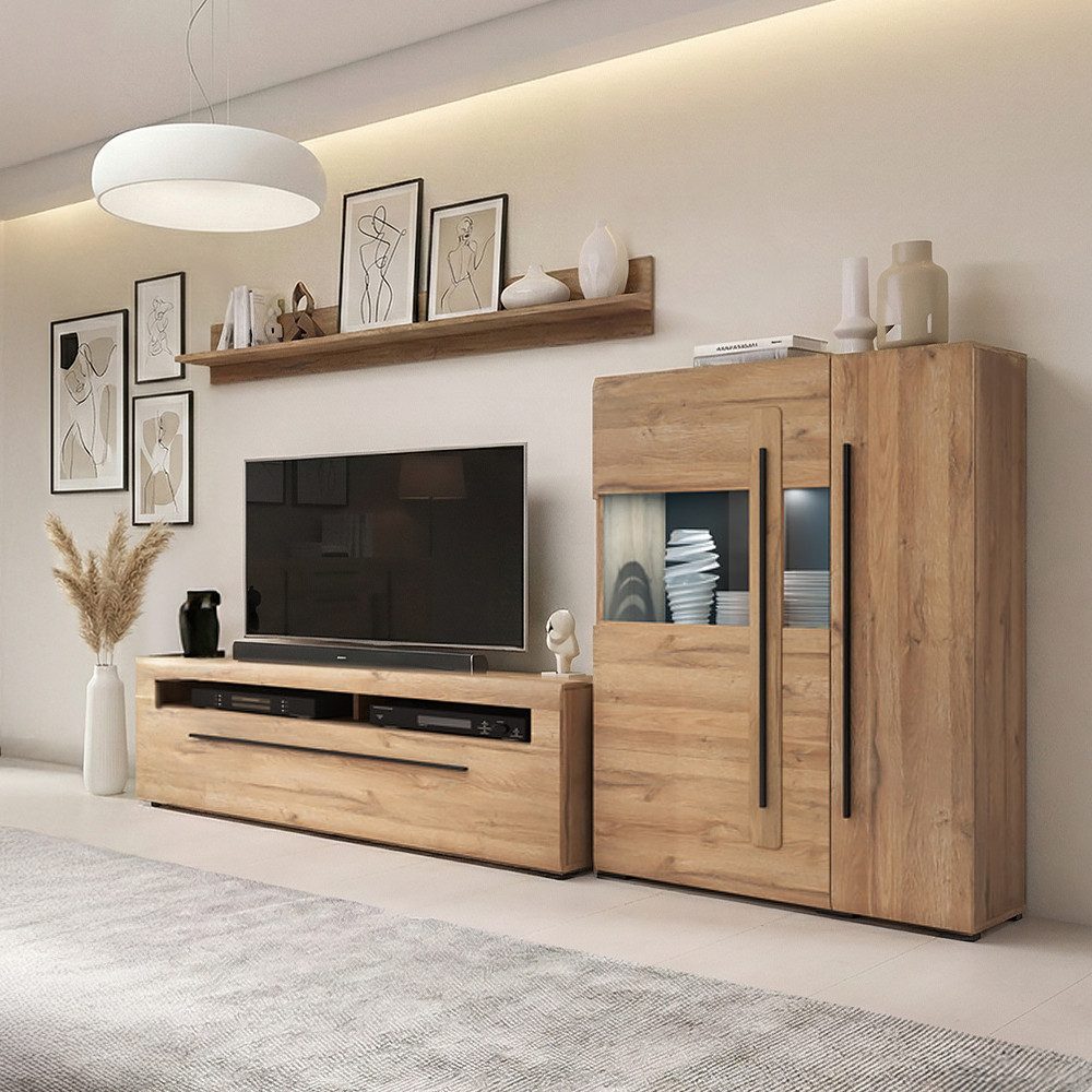 Lomadox Wohnwand TURDA-83, (3-St., Couchtisch Highboard Lowboard Sideboard Vitrine Wandregal), Eiche braun Metallgriffe Softclose-Türen inkl. Beleuchtung