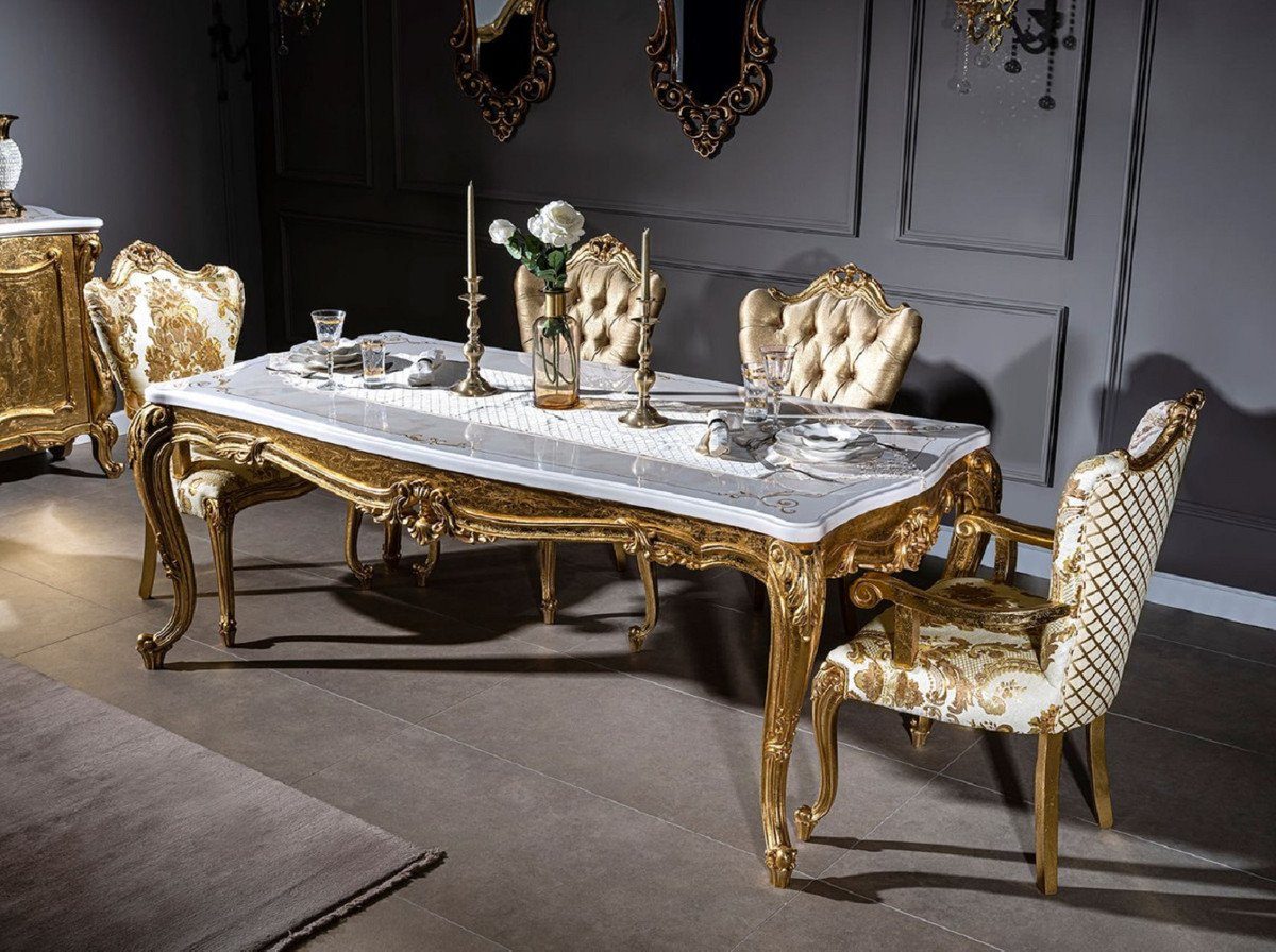 Casa Padrino Esszimmer Weiß Barock Set & Esszimmerstuhl handgefertigte Prunkvoll Küchen Esszimmerstuhl - Luxus Stühle 6 Edel Gold - Barock - im Möbel / Barockstil