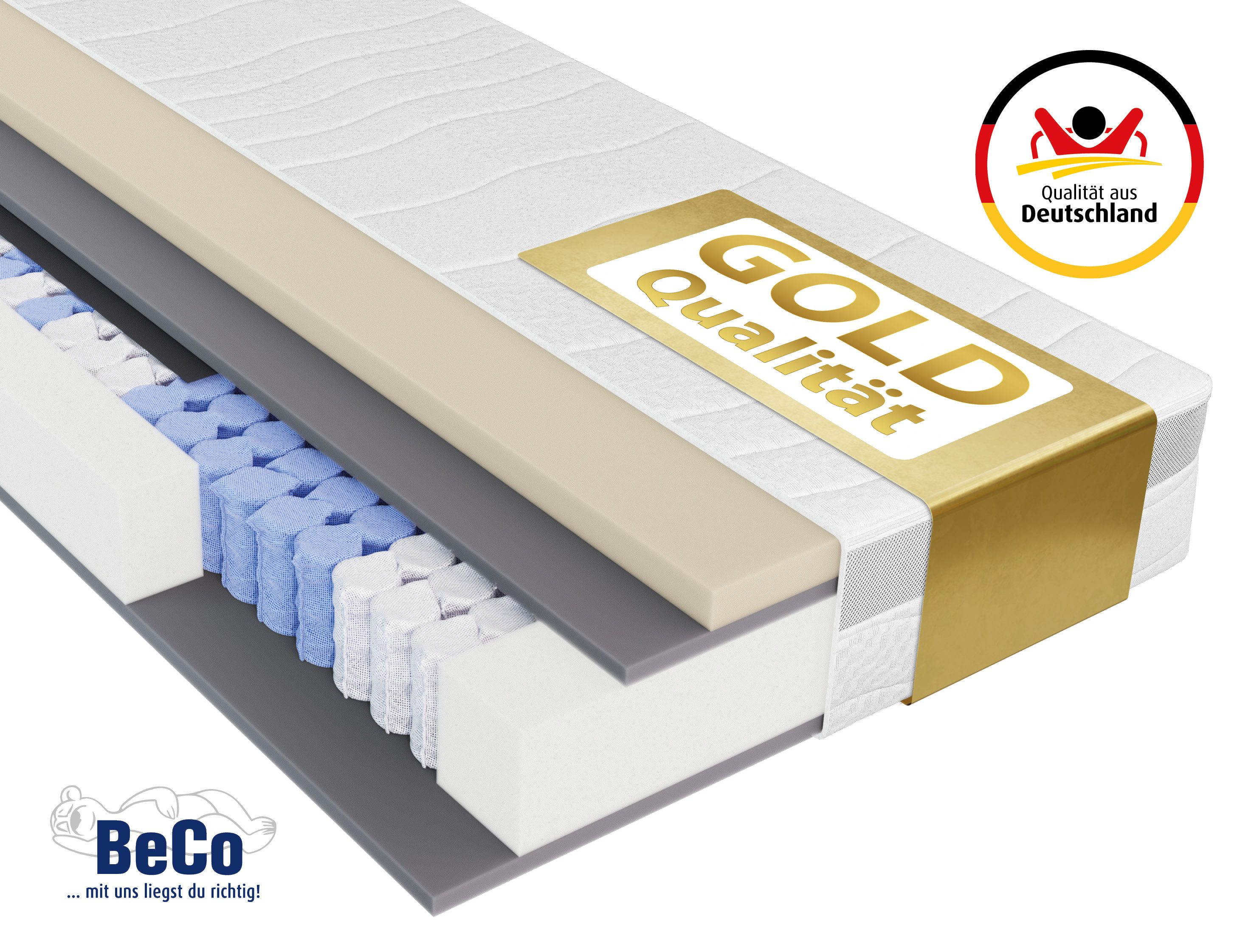 Taschenfederkernmatratze Feel Like Latex ONE TFK - GOLD, Matratze 90x200 cm, 140x200 cm & mehr, Beco, 21 cm hoch, Punktelastische Matratze mit stabilem Federkern, atmungsaktiv