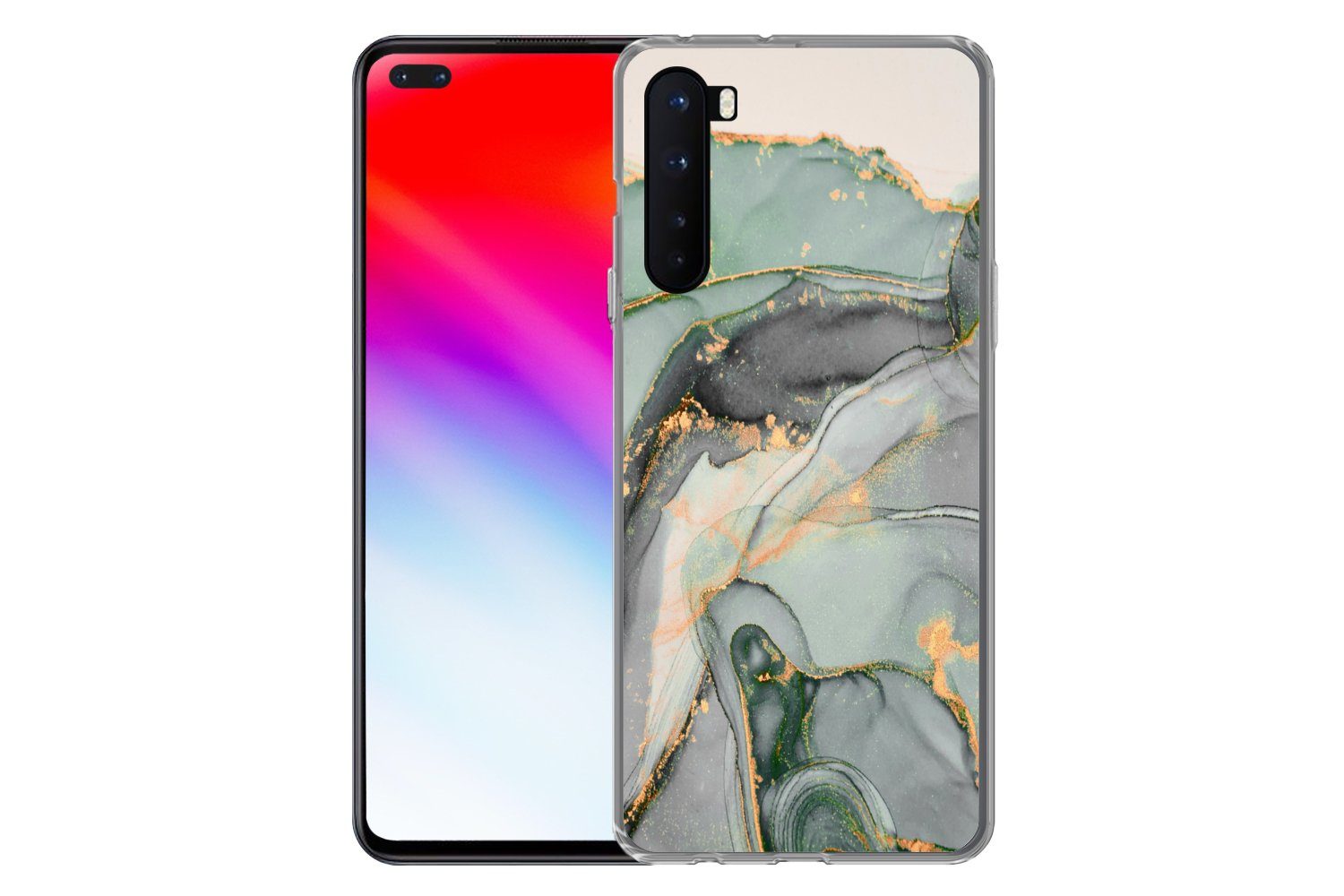 MuchoWow Handyhülle für OnePlus Nord Gold - Marmor - Grün - Luxus - Glitzer - Marmoroptik, Phone Case, Silikon, Schutzhülle Dünn