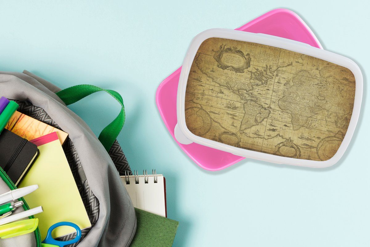 rosa Vintage - für Weltkarte Lunchbox Kunststoff Jungen - Brotbox Mädchen, - Erwachsene, Snackbox, MuchoWow Kinder Kunststoff, - Geschichte Mädchen, Kinder, Brotdose - (2-tlg),