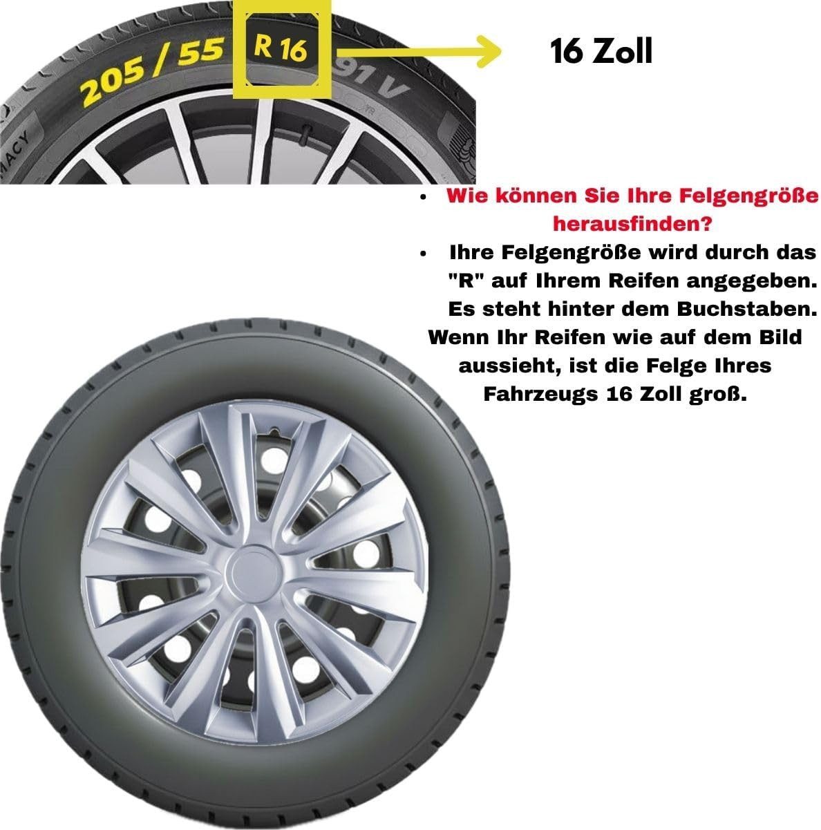 Trimak Radkappen 13-14-15-16 Zoll 4er Set Radzierblenden Silber Schwarz Schlagfest, Silber / 16-Zoll-Radkappen, ABS Kunststoff, Schlagfest, Hochwertig