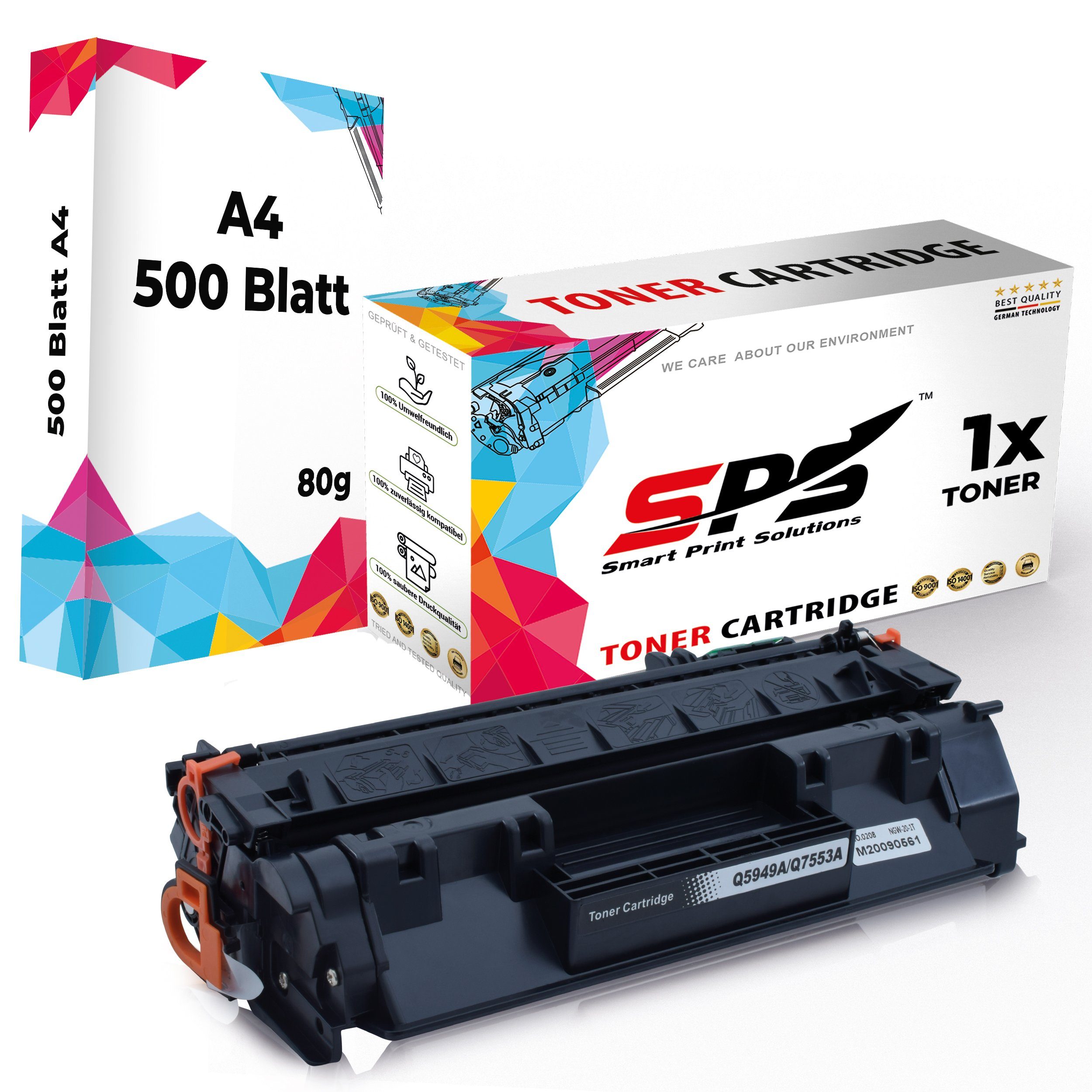 SPS Tonerkartusche 1x Toner 53A Q7553A Schwarz Kompatibel für HP, (1er Toner Set mit DIN A4 Druckerpapier, 1x Schwarz Toner) | Tonerpatronen