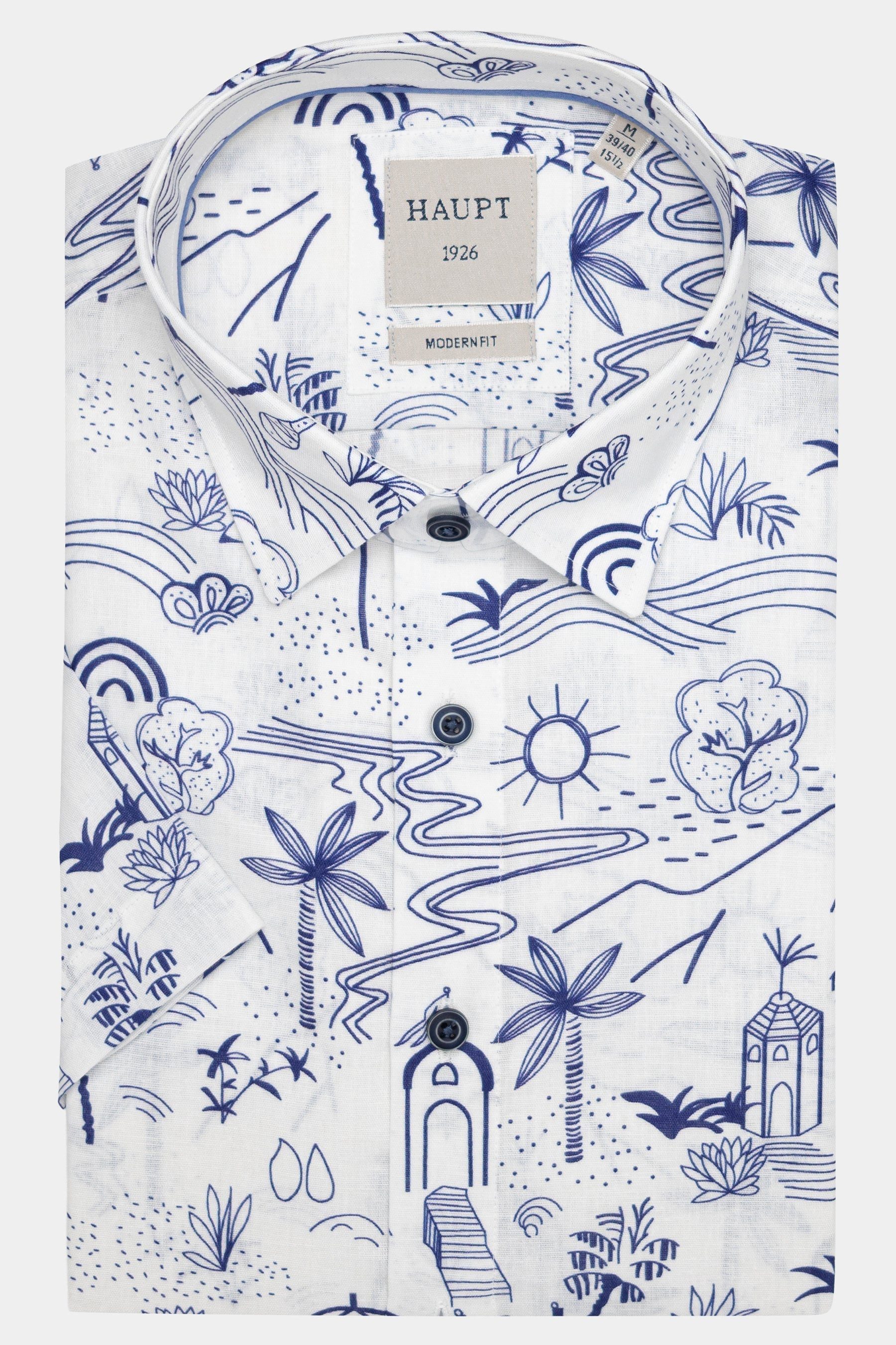 Haupt Kurzarmhemd Modern Fit Kurzarmhemd Strandprint Weiß Style Sommerlook