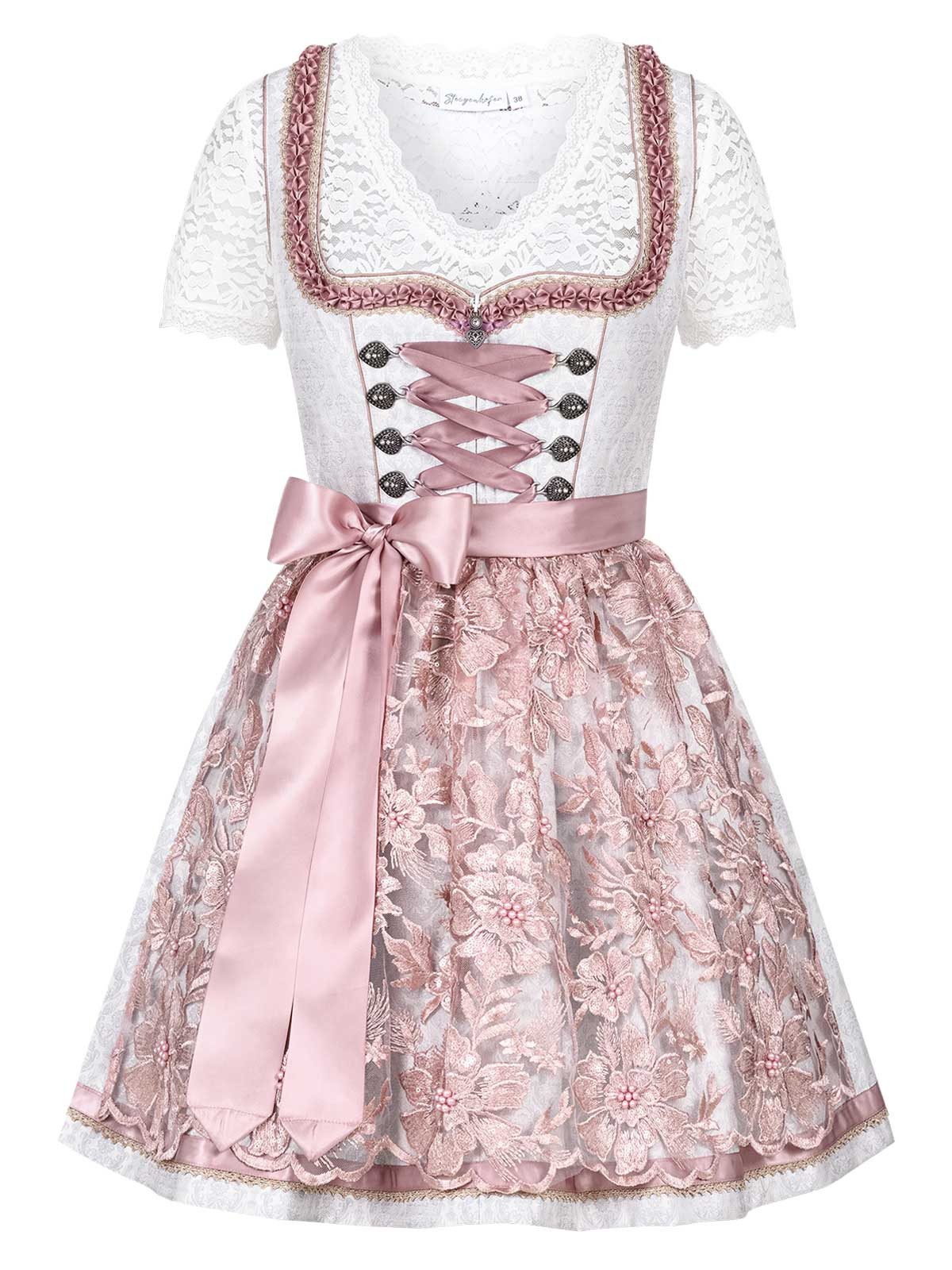 Steigenhöfer Manufaktur Dirndl Damen im Set - Vicky - Mit Miederhaken, funkelnden Steinen und Perlen (Das Set beinhaltet Kleid, Bluse und Schürze) Midi Dirndl - 60cm Rock - Miederhaken mit funkelnden Steinen & Perlen