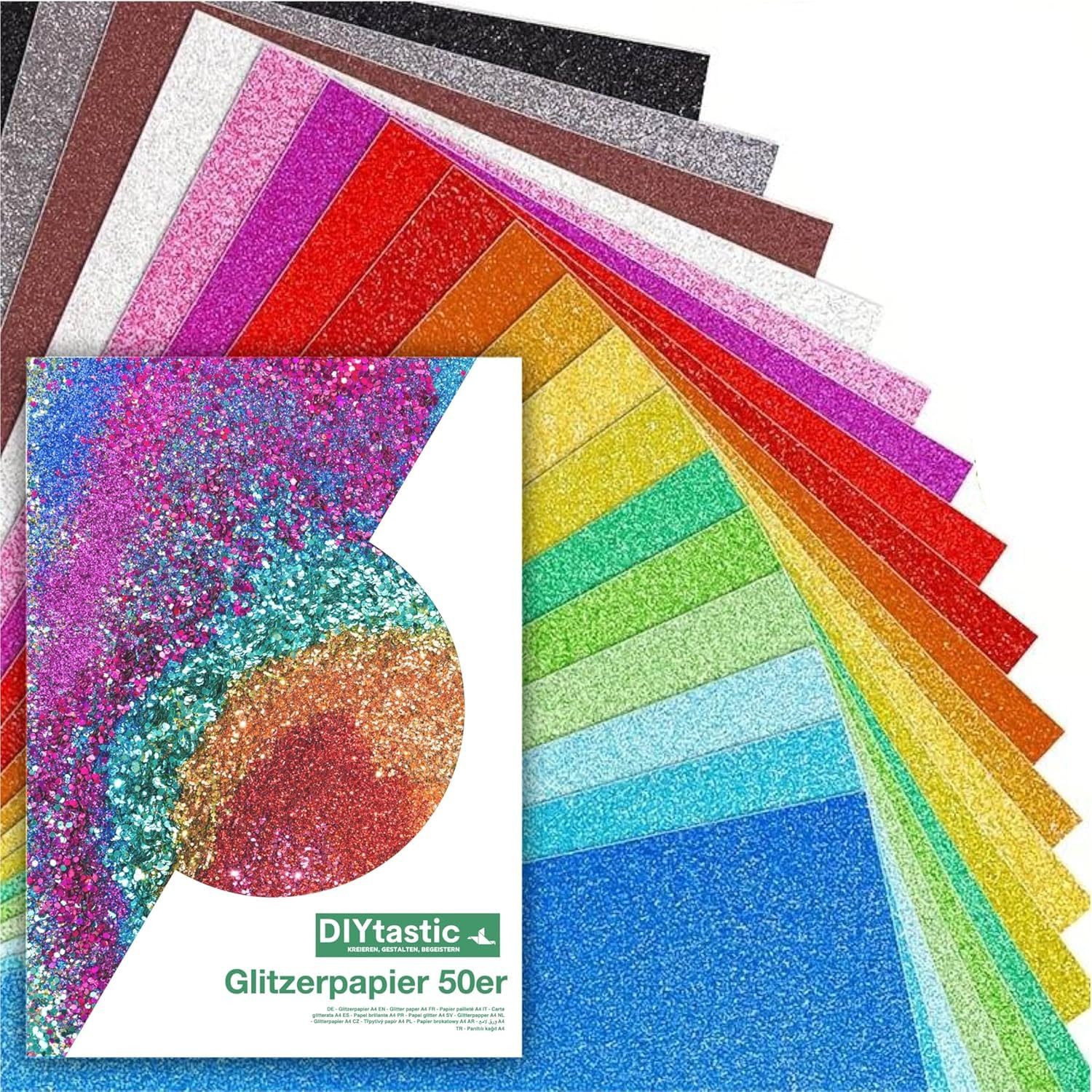 DIYtastic Bastelkartonpapier 50 Blatt buntes Glitzerpapier DIN A4, 250 g/m², zum Basteln