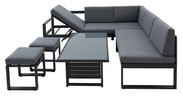 Outdoor Gartenlounge-Set LINA, mit Loungetisch & Hocker, Aluminium, Grau, (5-tlg), Anthrazit, mit Sitz- und Rückenkissen, Tischplatte aus Glas