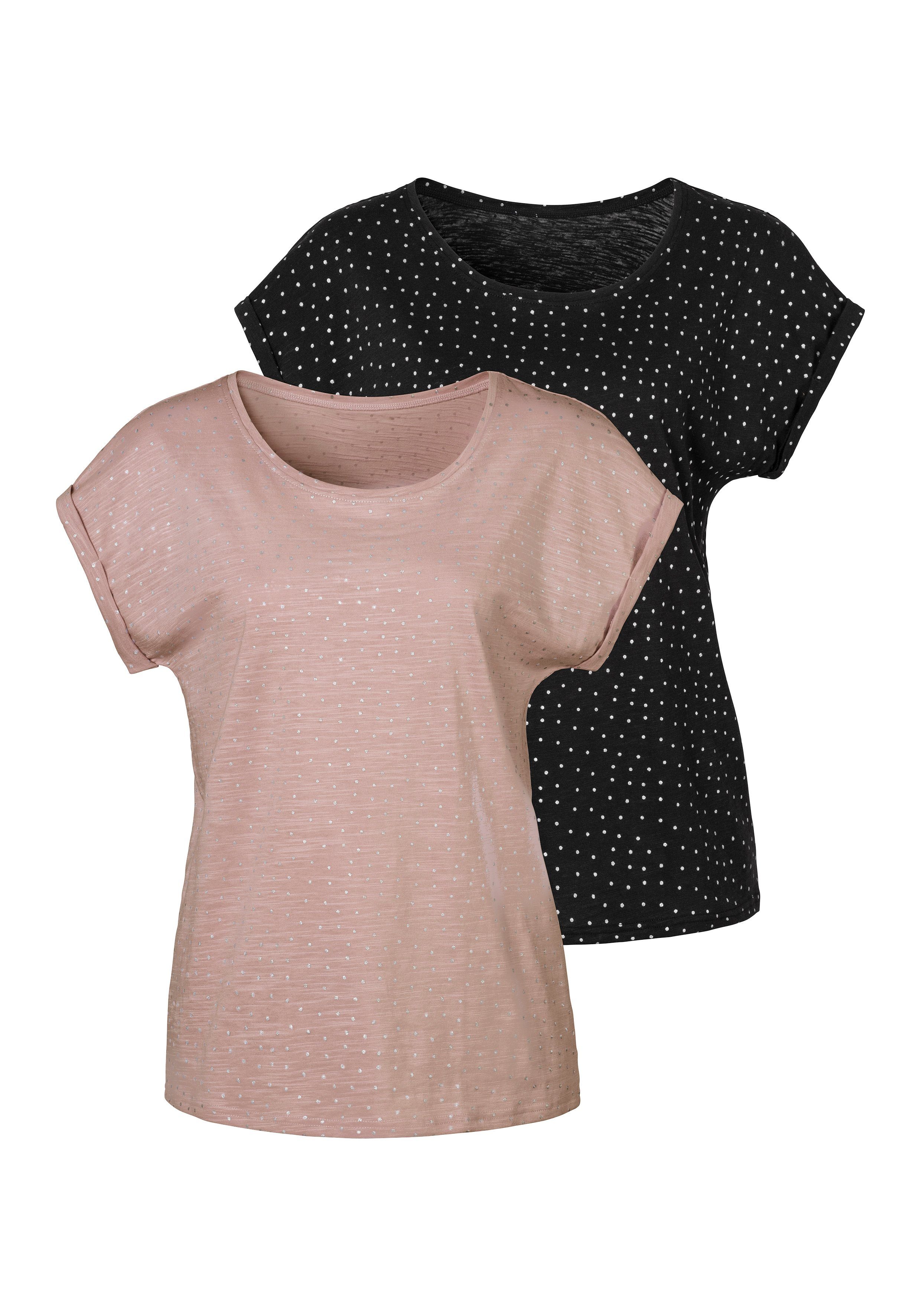 Damen Shirts Vivance T-Shirt (2er-Pack) mit silbrigen Glitzerpünktchen