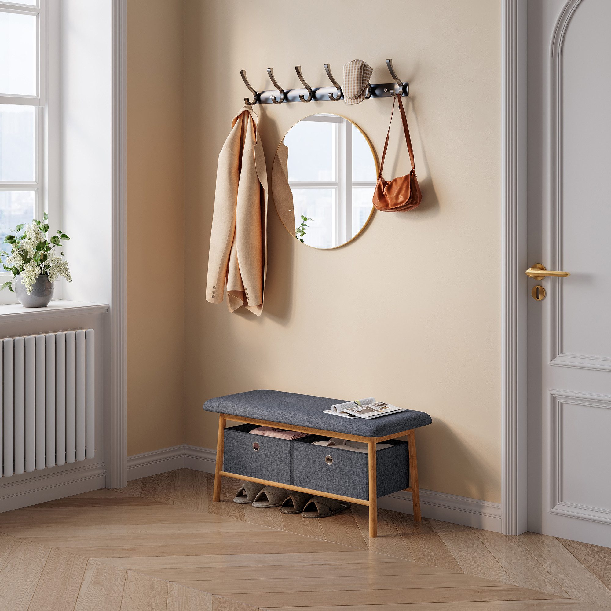 en.casa Sitzbank, »Vad« 90x30x45 cm gepolsterte Sitzfläche Bambusgestell Natur/Grau