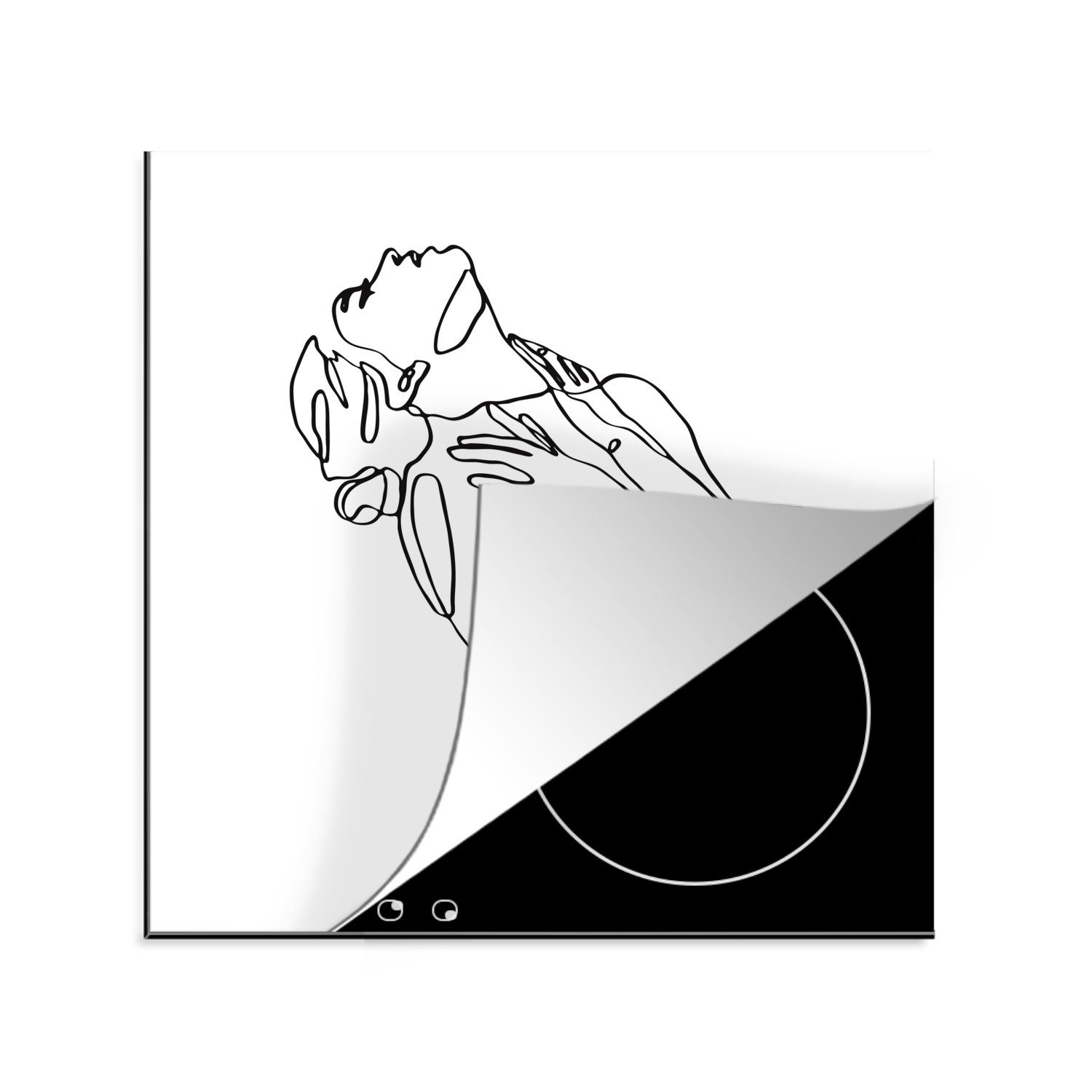 MuchoWow Herdblende-/Abdeckplatte Abstrakte Linie Kunst einer Frau mit ihrem Kopf nach hinten gebogen, Vinyl, (1 tlg), 78x78 cm, Ceranfeldabdeckung, Arbeitsplatte für küche