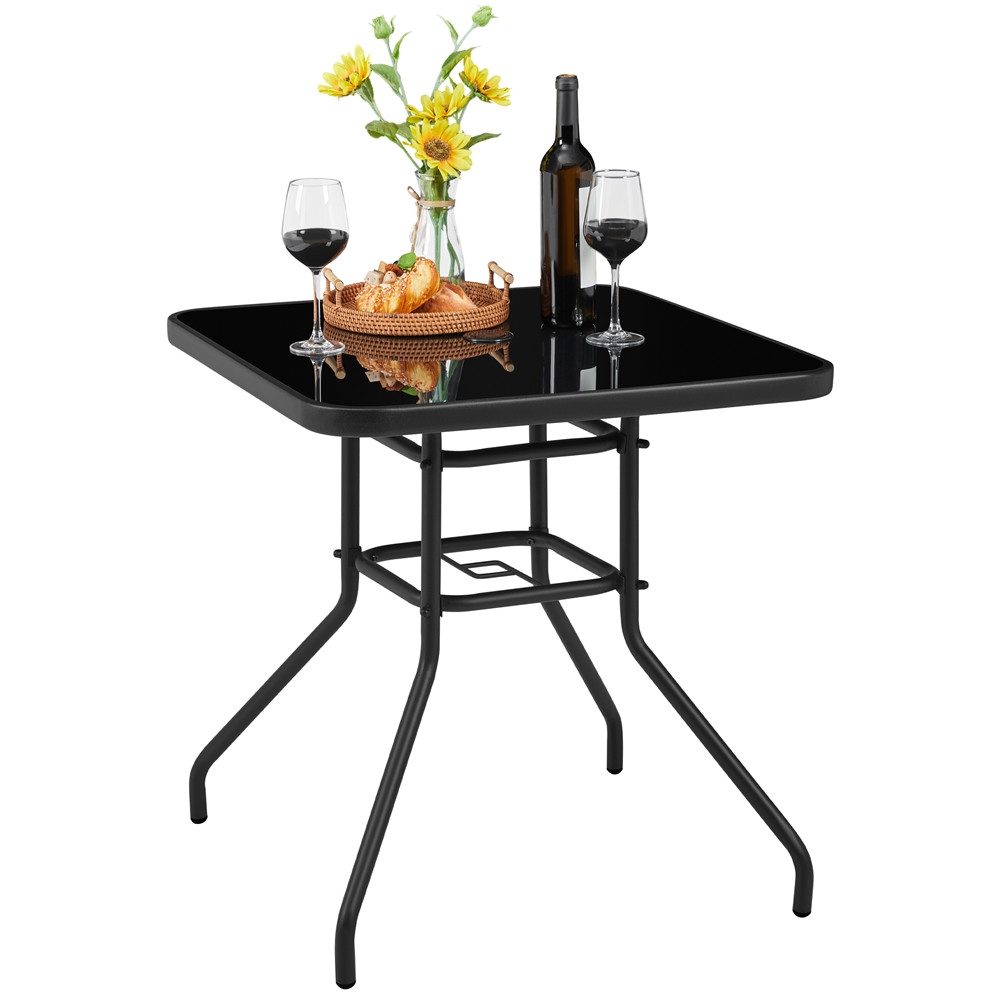 Yaheetech Gartentisch mit Schirmloch aus Gehärtetem Glas & Pulverbeschichtetem Metall, Quadratischer Beistelltisch für Garten 70 cm L × 70 cm B × 73,5 cm H