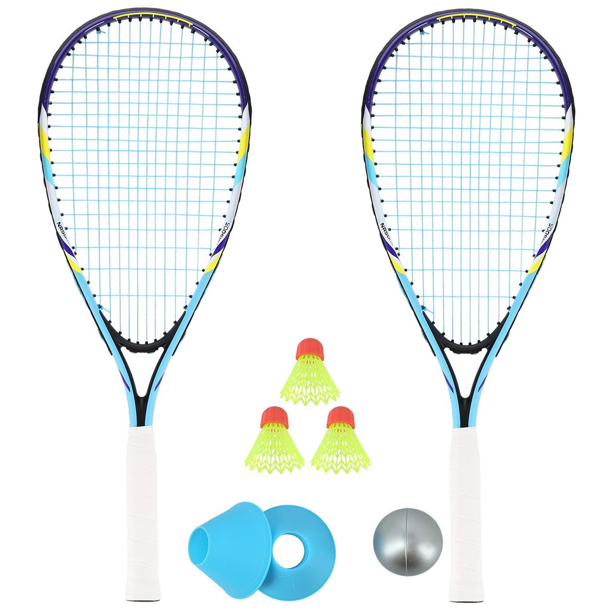 Nils Speed-Badmintonschläger Crossmintonschläger Set 2x Schläger blau 3x Federbälle Speed Badminton