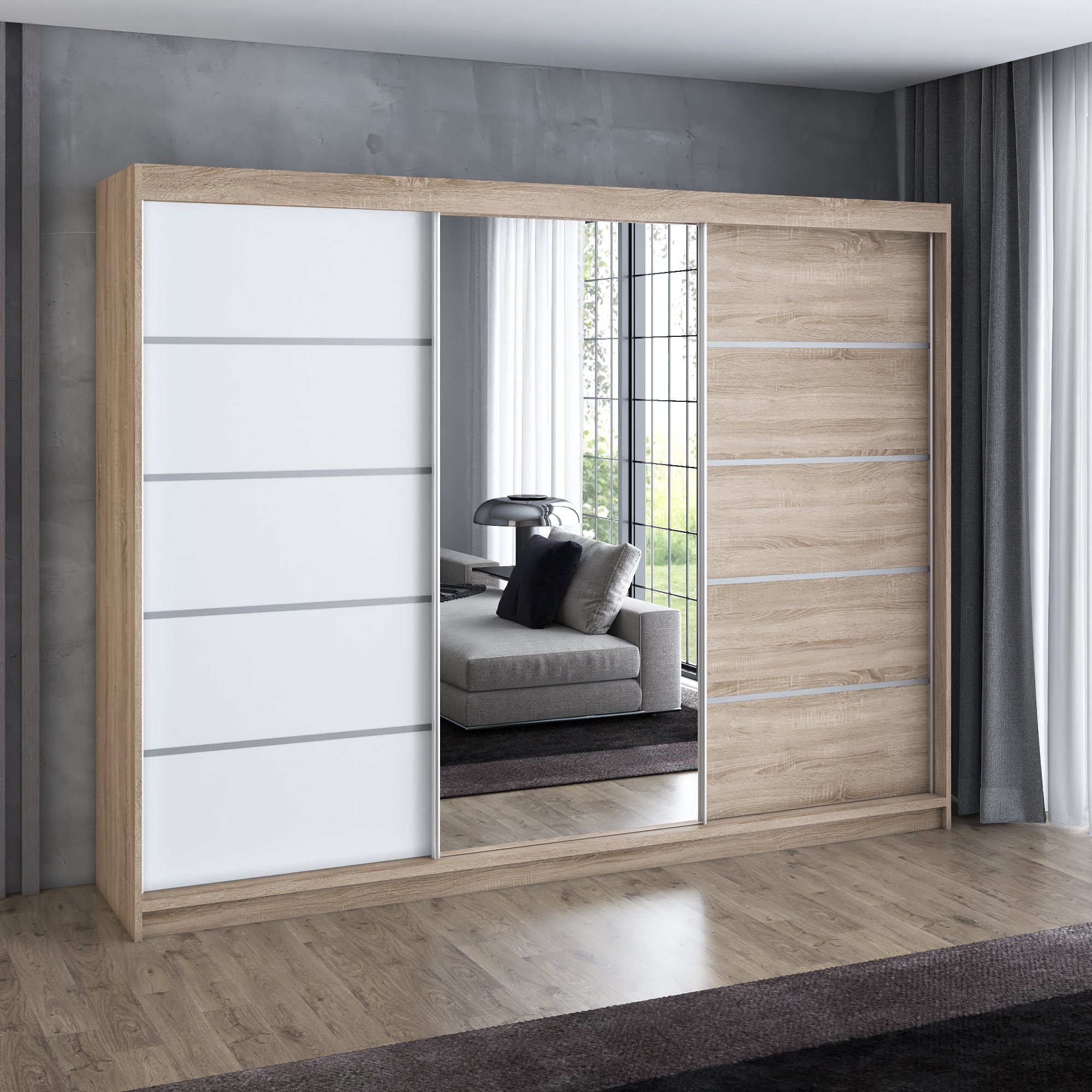 A&J MöbelLand GmbH Schiebetürenschrank VILUNO mit 4 Schubladen und Spiegel (nur für kurze Zeit! TOP ANGEBOT! Geräumiger Schrank mit einer Breite von 200 cm und  – Bild 2 von 5