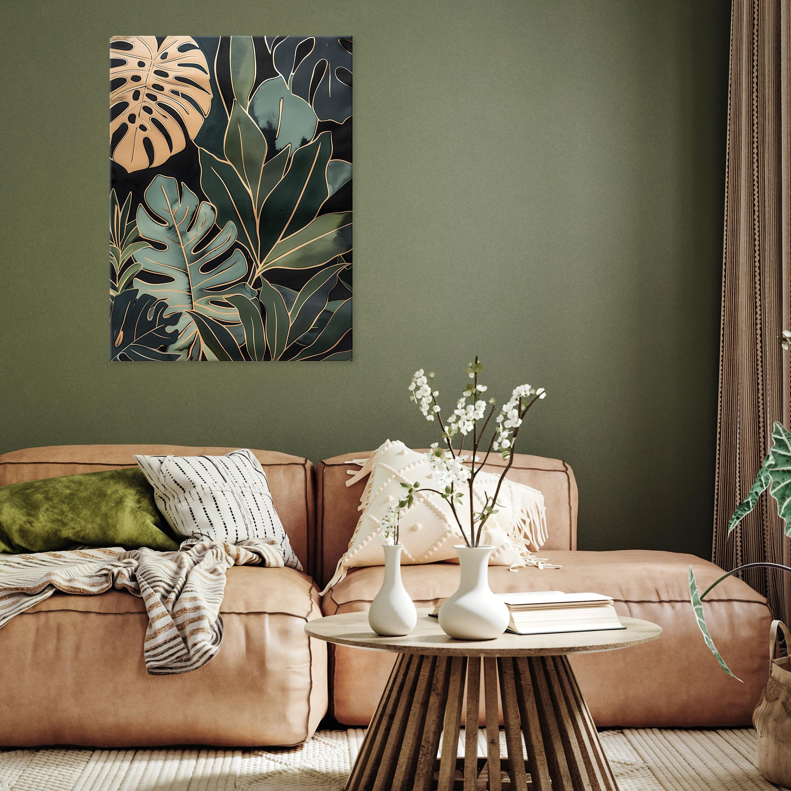 Wallarena Leinwandbild Blätter Gold Grün Natur Wandbilder XXL Wand Deko Bil günstig online kaufen