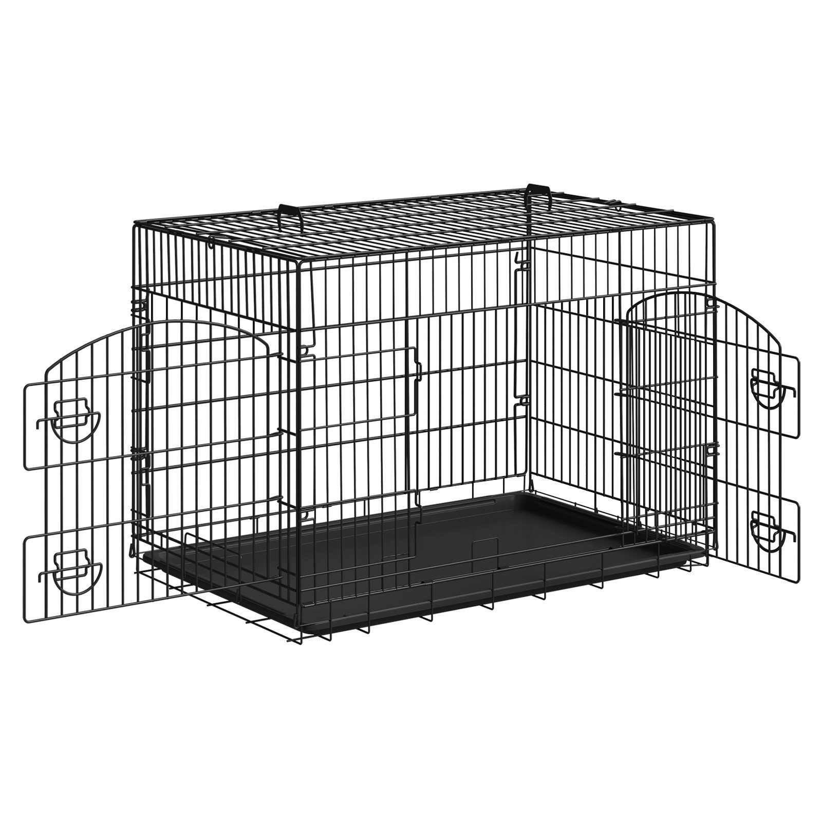 EUGAD Tiertransportbox, große Hunde, mit 2 Türen Bodenwanne Griffen, aus Metall, Schwarz