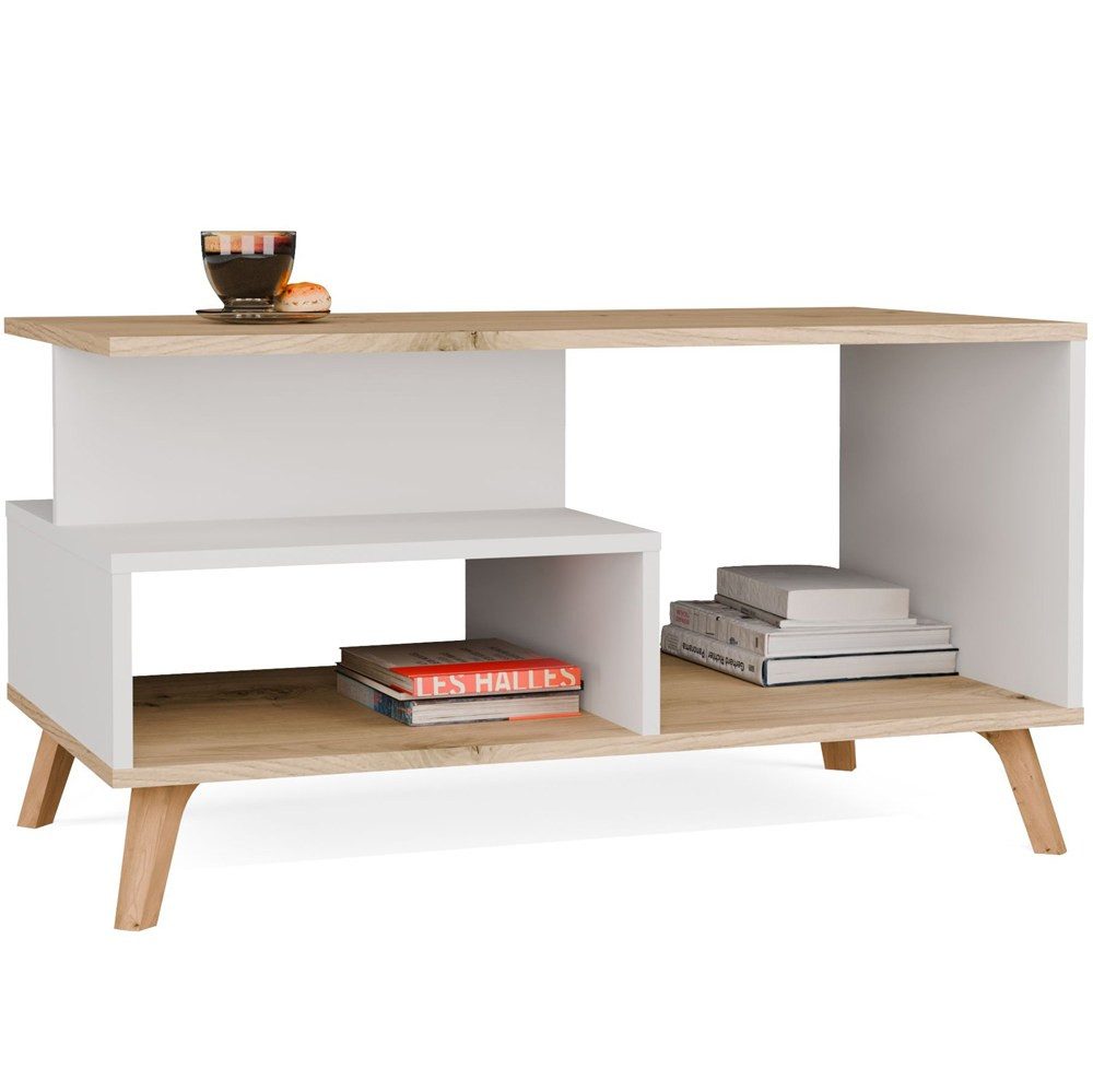 ibonto Couchtisch Couchtisch mit 2 Ablagen, Wohnzimmertisch mit Holzbeinen 90x48x49 cm (1 Couchtisch), Mit 2 offenen Ablagefächern