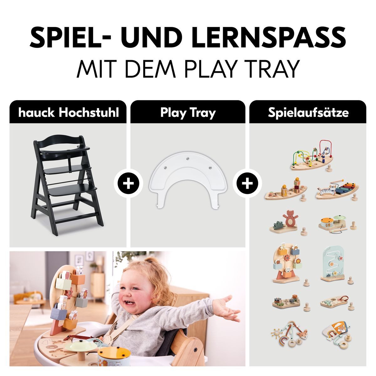 Hauck Hochstuhl Alpha Plus Black, Baby Kinderhochstuhl mit Sitzauflage & Play Tray Basis - mitwachsend