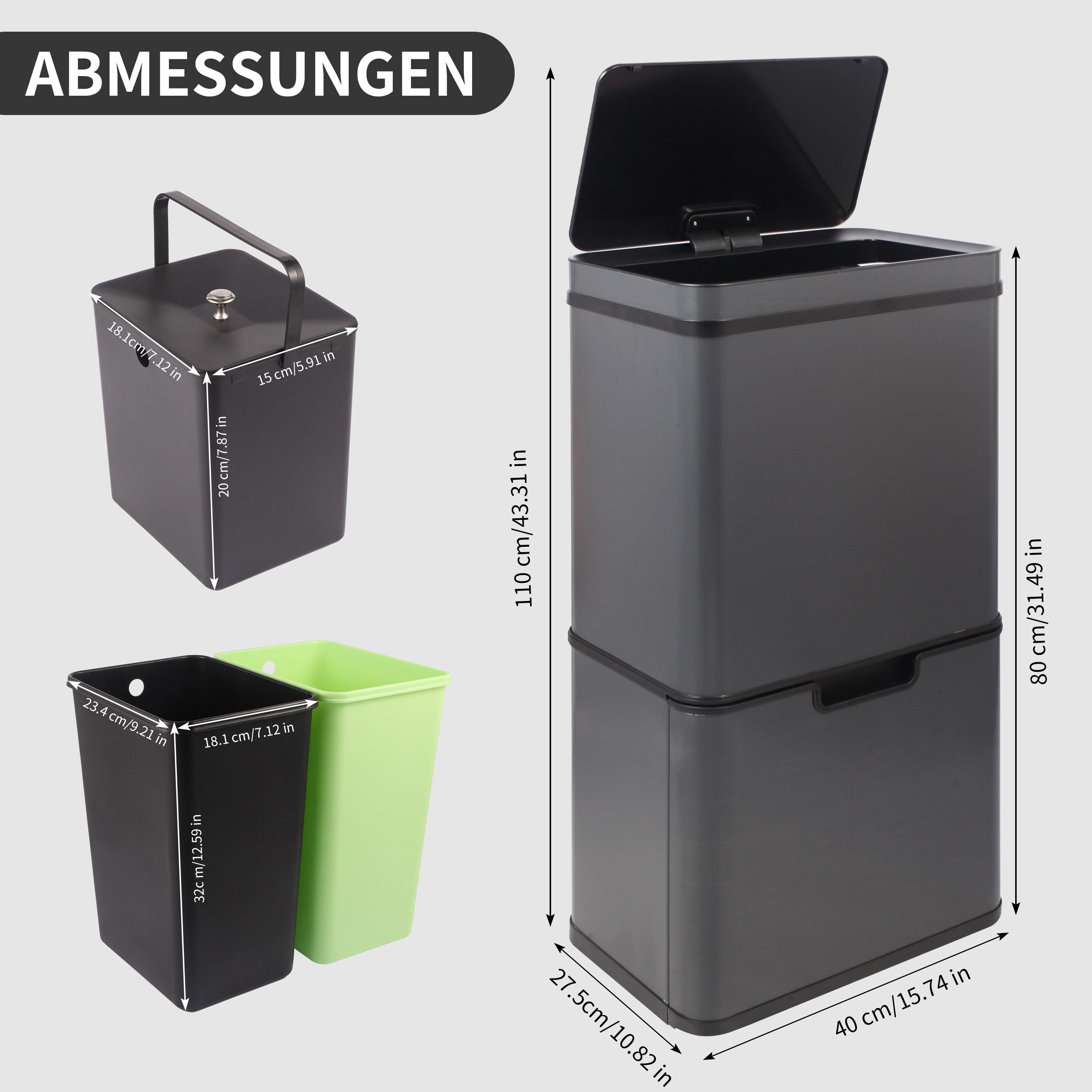Ribelli Mülltrennsystem Sensor Mülleimer, 4 Fächer, Mülleimer Küche, 70L, Grau, Abfalleimer mit Sensor