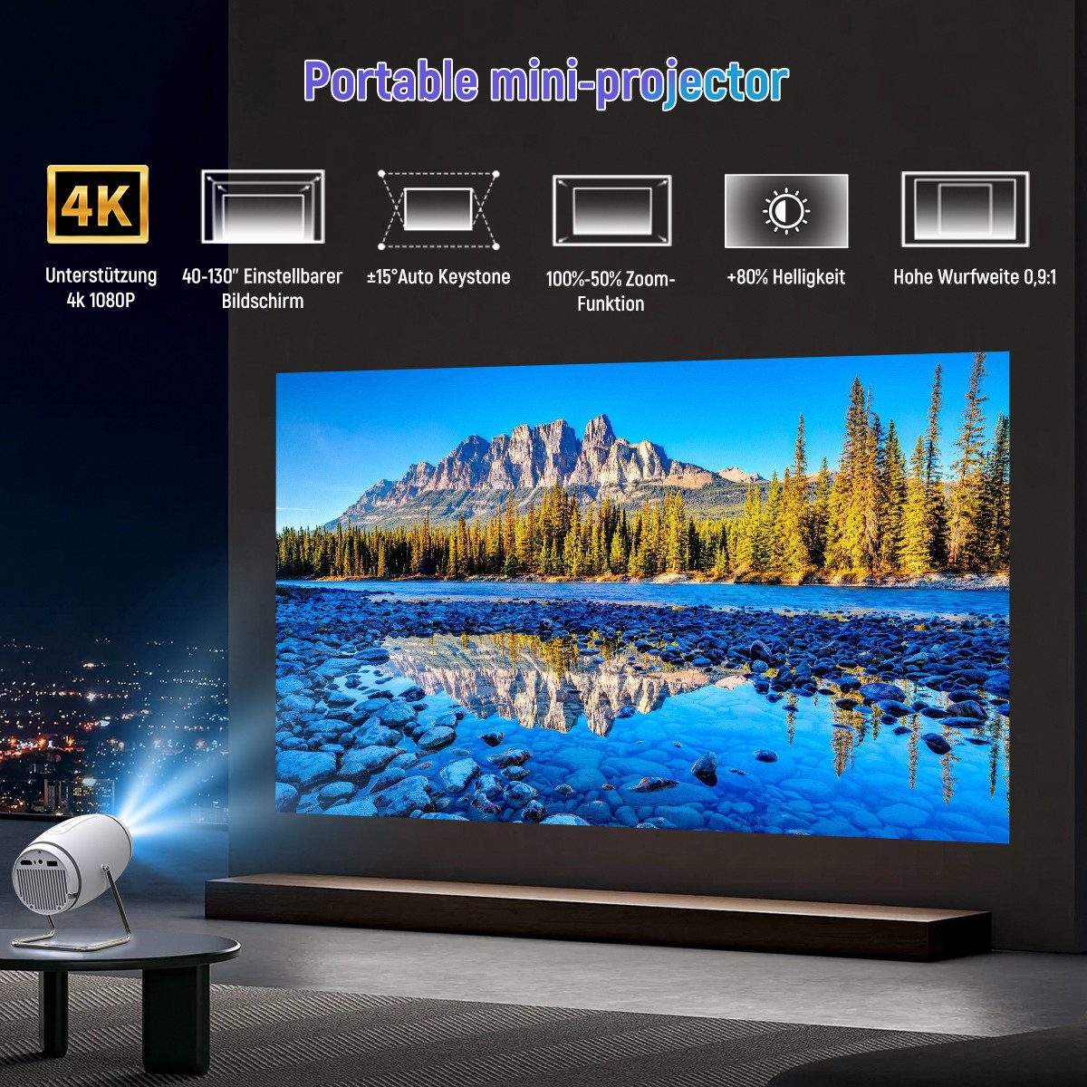 Happybe Mini-Projektor 130'' mit WiFi und Bluetooth 4K Unterstützung Beamer Portabler Projektor (1500:1, 1280*720 px)