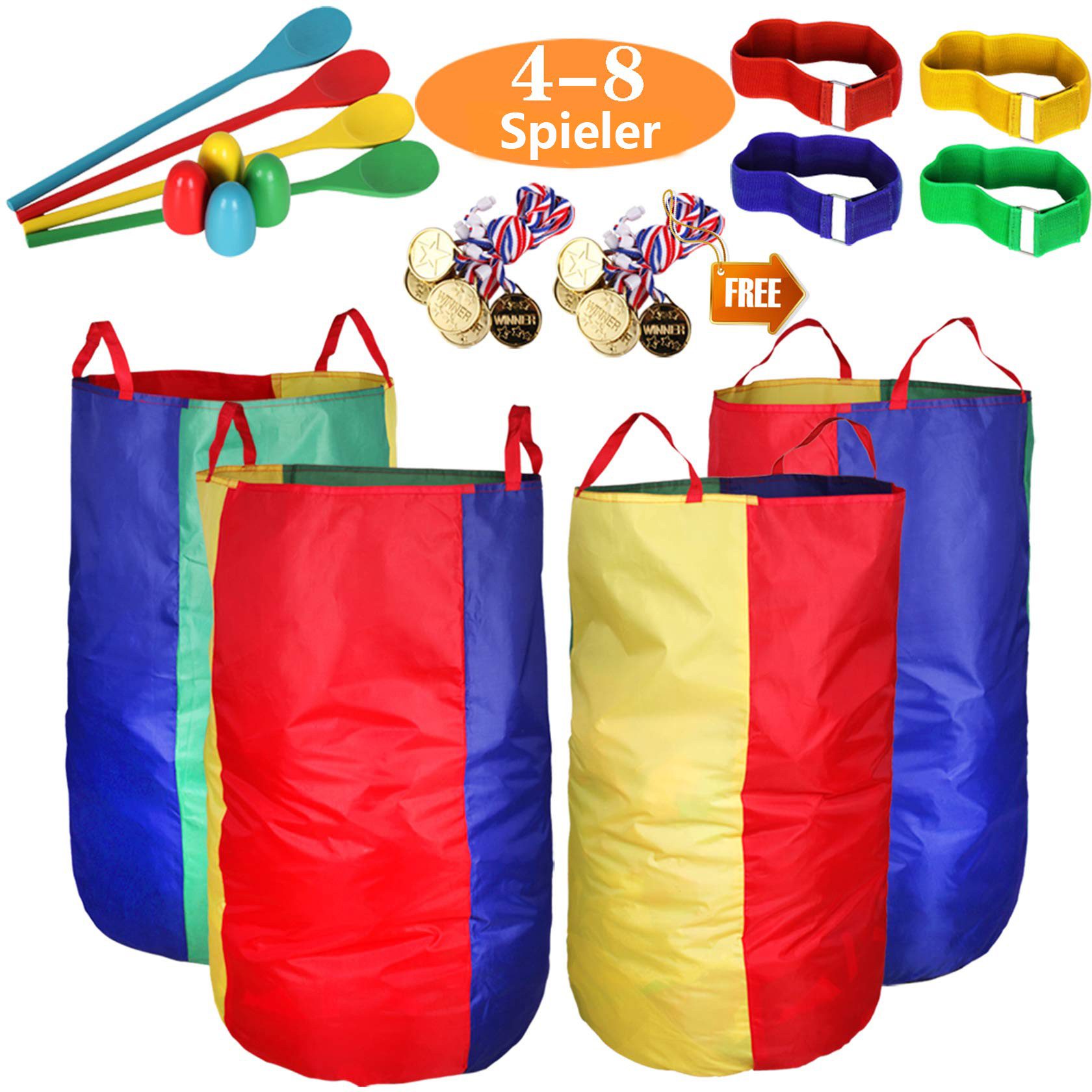 CLTYQ Spielesammlung Spielesammlung Outdoor Spiele für Kinder Kindergeburtstag Partyspiele, Sackhüpfen Säcke, Eierlaufen, 3Bein Rennen, Medaillen, Outdoorspiele