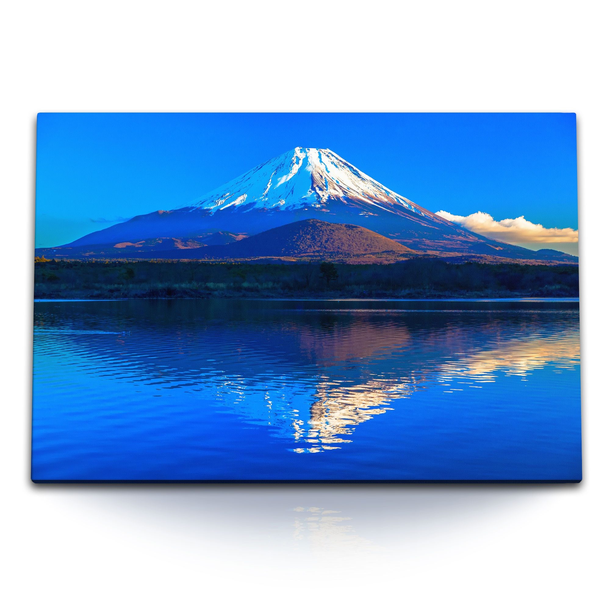 Sinus Art Leinwandbild 120x80cm Wandbild auf Leinwand Fuji Vulkan Berg Japan Blau See Schneeg, (1 St)