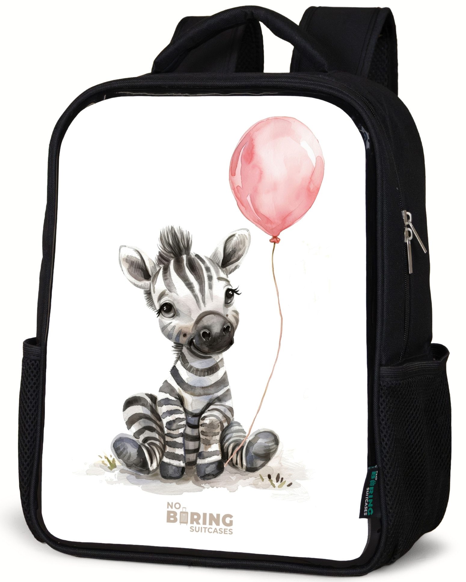 NoBoringSuitcases.com© Rucksack Zebra mit rosa Luftballon, Kinderrucksack Schwarz, Schulrucksack, Freizeitrucksack Jungen Mädchen