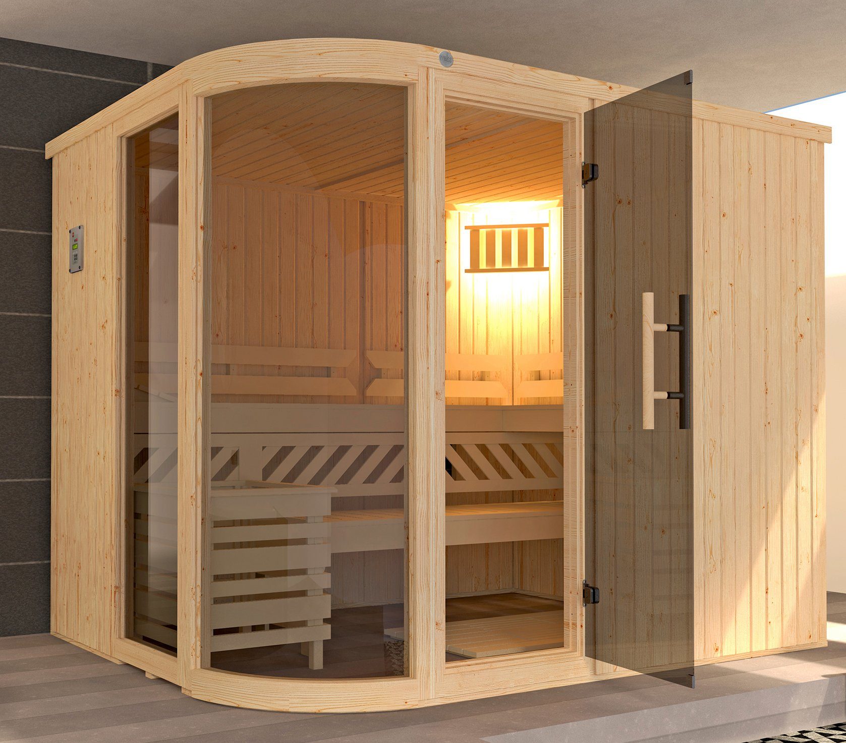 weka Sauna Sara 2, BxTxH: 244 x 194 x 199 cm, 68 mm, 9 kW Bio-Ofen mit ext. Steuerung