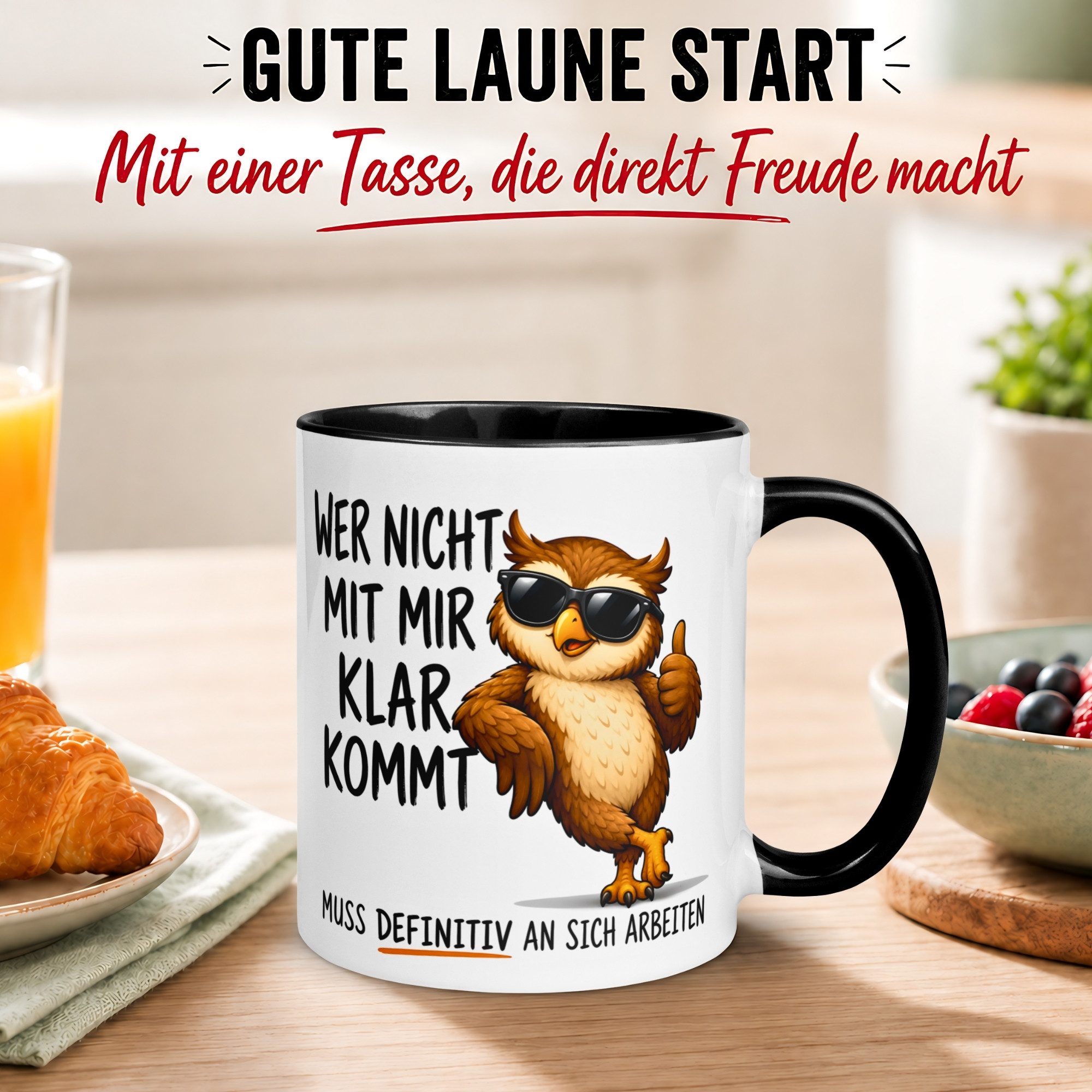 Momentals Tasse Eule – „Wer nicht mit mir klar kommt“ – Eulen Geschenk Becher, Gratis Versand · Links-&Rechtshänder · Spülmaschinenfest – Bild 3 von 5