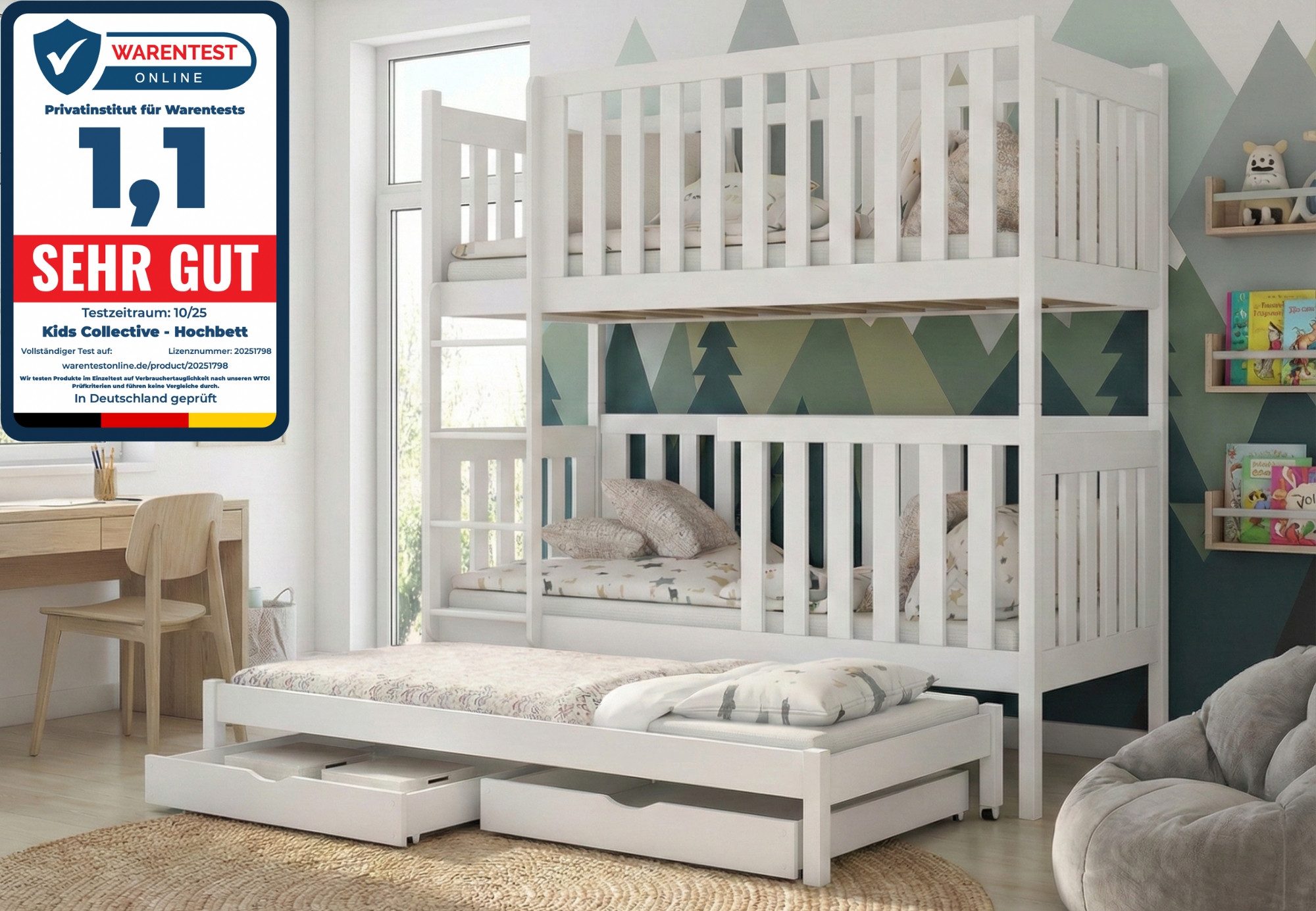 Kids Collective Etagenbett Kinderbett Hochbett 80x180, 90x200 cm mit Ausziehbett Lattenrost, Ausziehfunktion 2 Schubladen extra hoher Rausfallschutz 90x200 cm