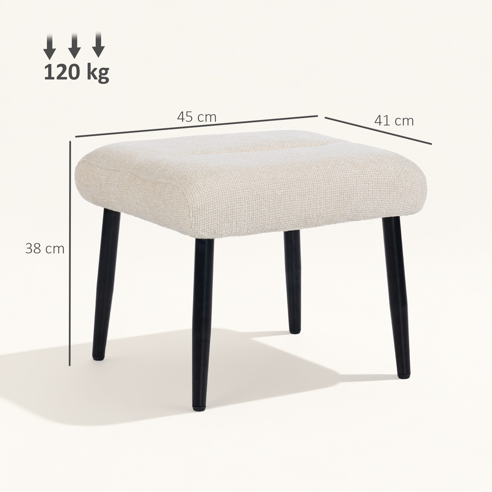 HOMCOM Fußhocker mit weichem Sitzkissen, Stahlbeinen, Chenille-Stoff (Hocker, 1 St., Sitzhocker), für Schlafzimmer, Wohnzimmer, Cremeweiß