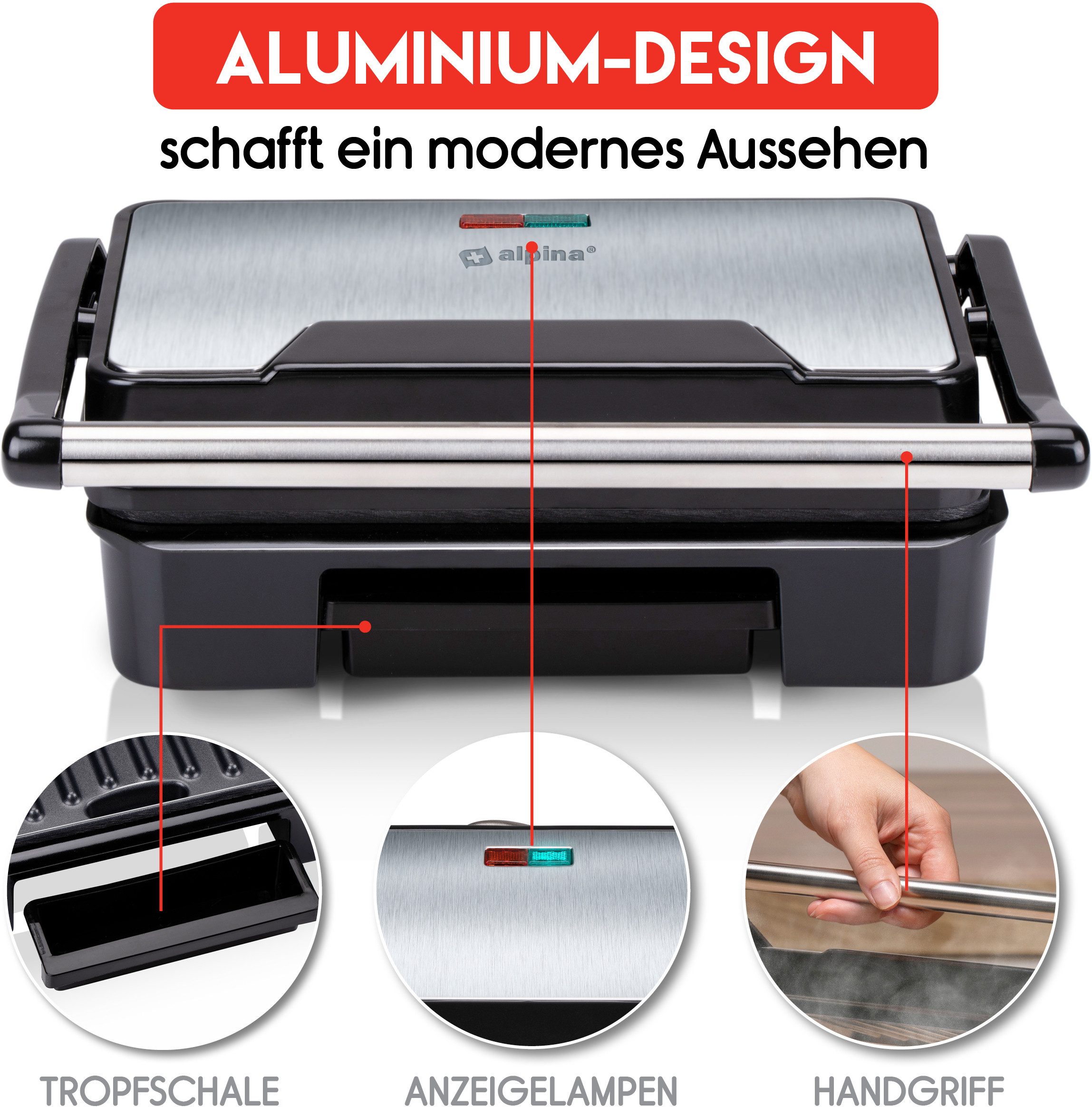 *Alpina* Paninigrill / Kontaktgrill 750W, Antihaft, Tropfschale, 23x14,5cm, Silber, 750 W, Abnehmbare Tropfschale