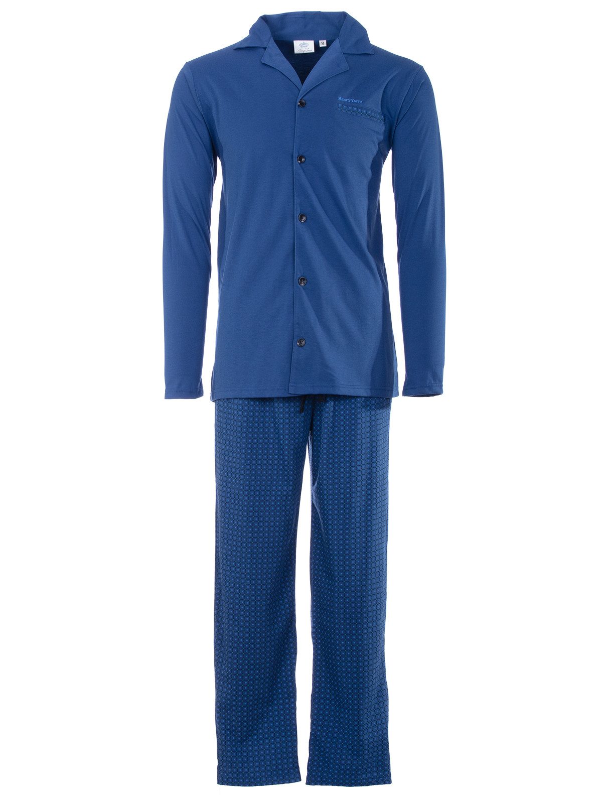 Henry Terre Pyjama Pyjama Set Langarm - Kent Oberteil uni Hose gemustert