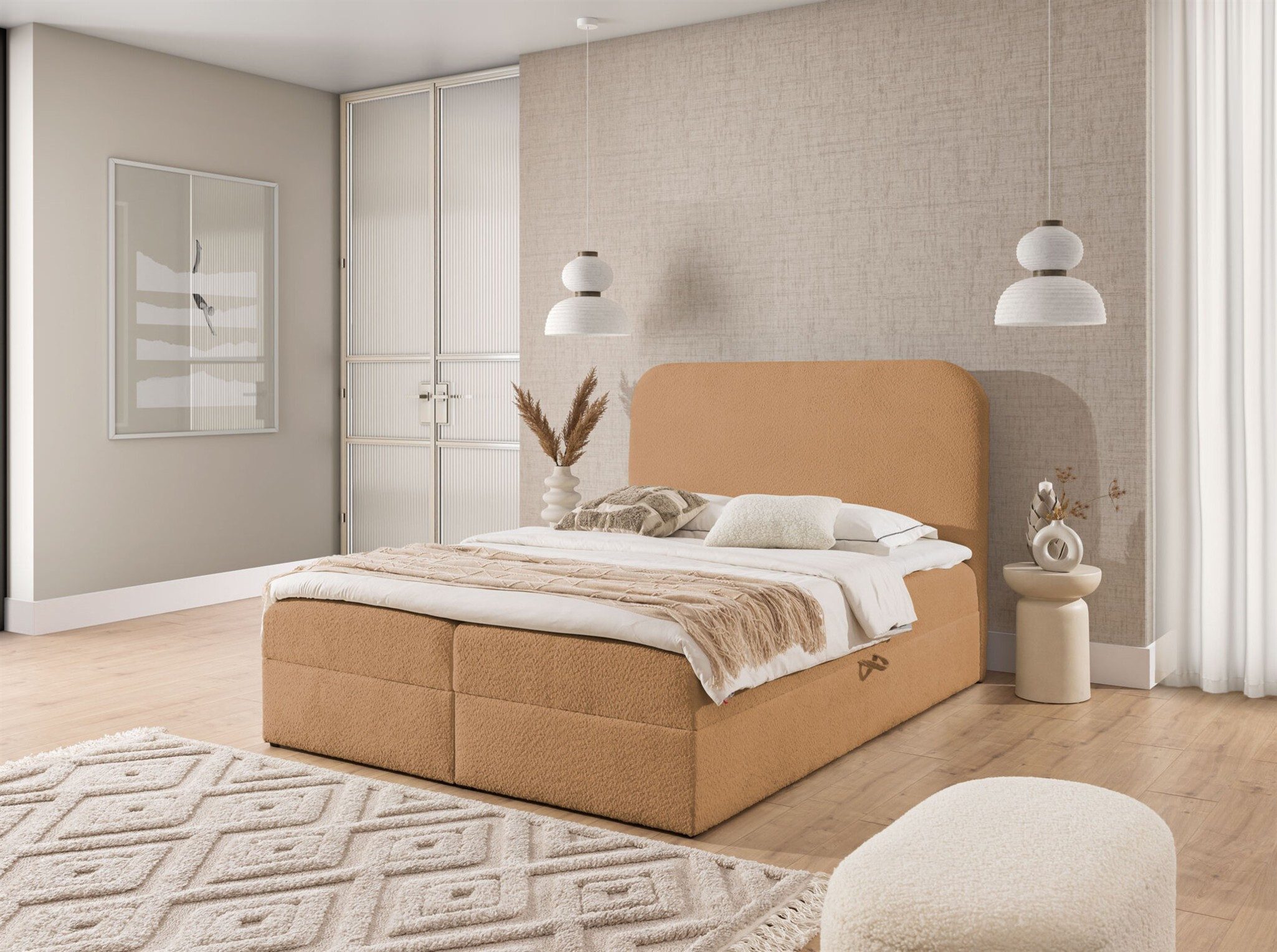 Fun Möbel Boxbett Schlafzimmerbett FUN DANIKO PREMIUM Stoff Coral (Gepolstertes Kopfteil), Inkl. Bettkasten und Topper