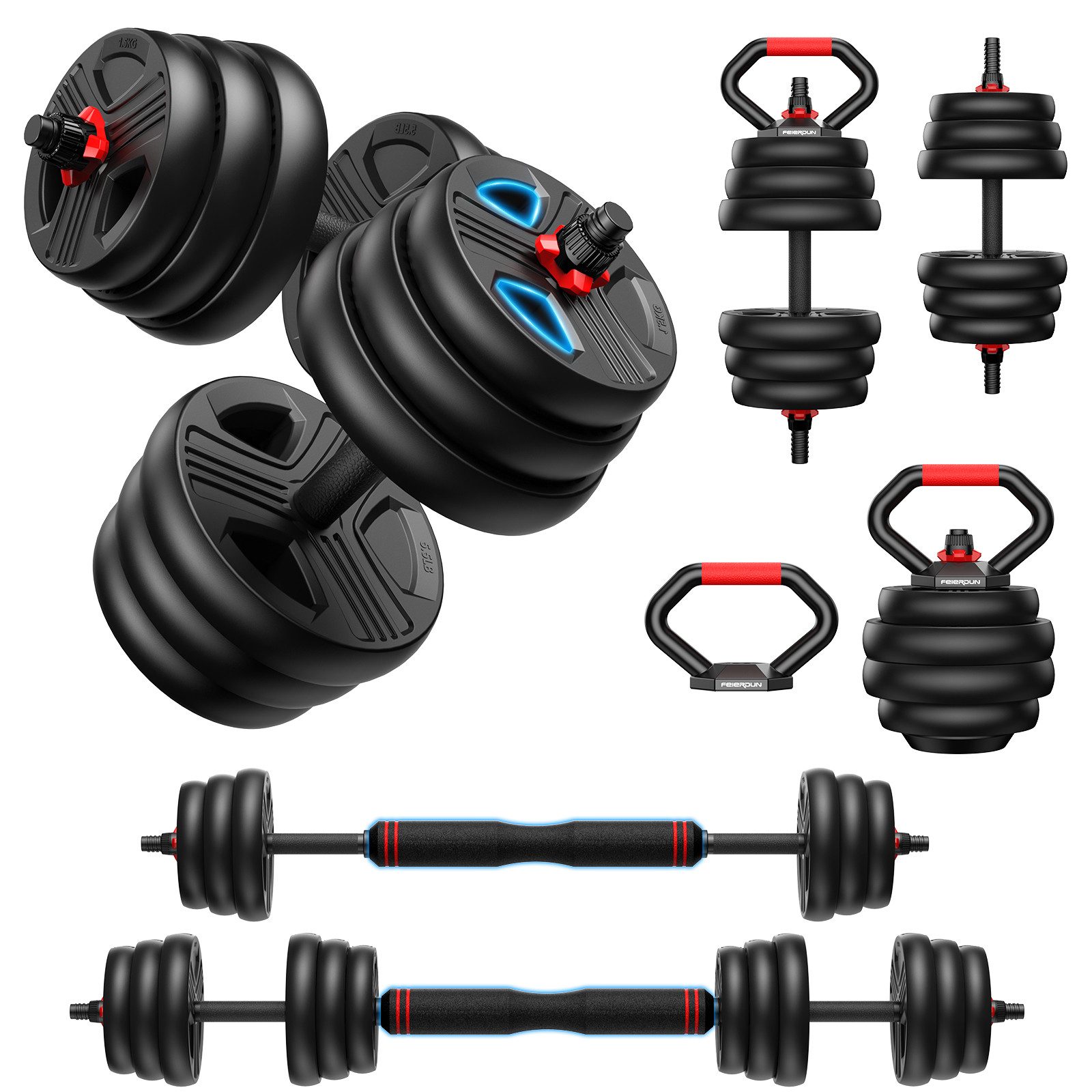 Hantel-Set Verstellbares Hantelset 9,1-20,4kg, 5-in-1 als Kettlebell/Langhantel