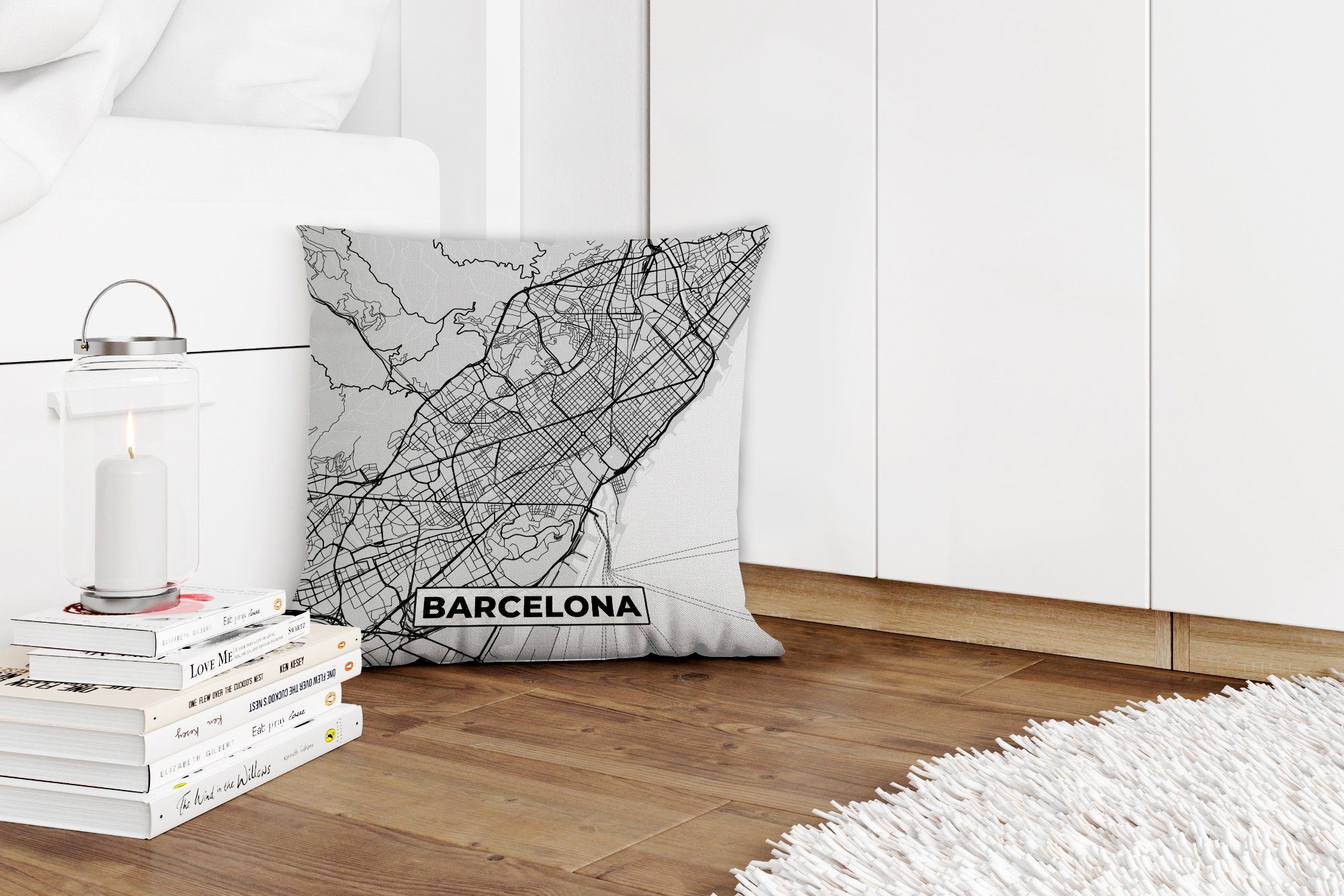 für Sofakissen - und weiß, MuchoWow Wohzimmer, Schwarz Schlafzimmer, Füllung Barcelona - Dekokissen Stadtplan Deko, - Zierkissen mit Karte
