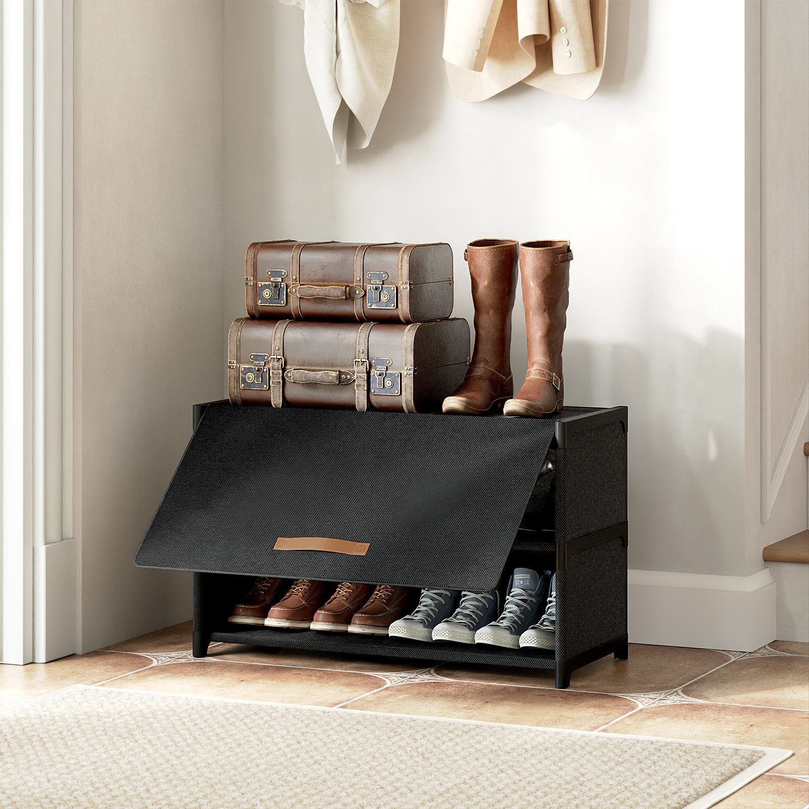 FABATO Schuhschrank Kunststoff-Schuhorganizer, Schuhschrank mit Tür in Schwarz (1-St) 3-stufiger Schuhschrank mit Tür – Platz für 12 Paar Schuhe