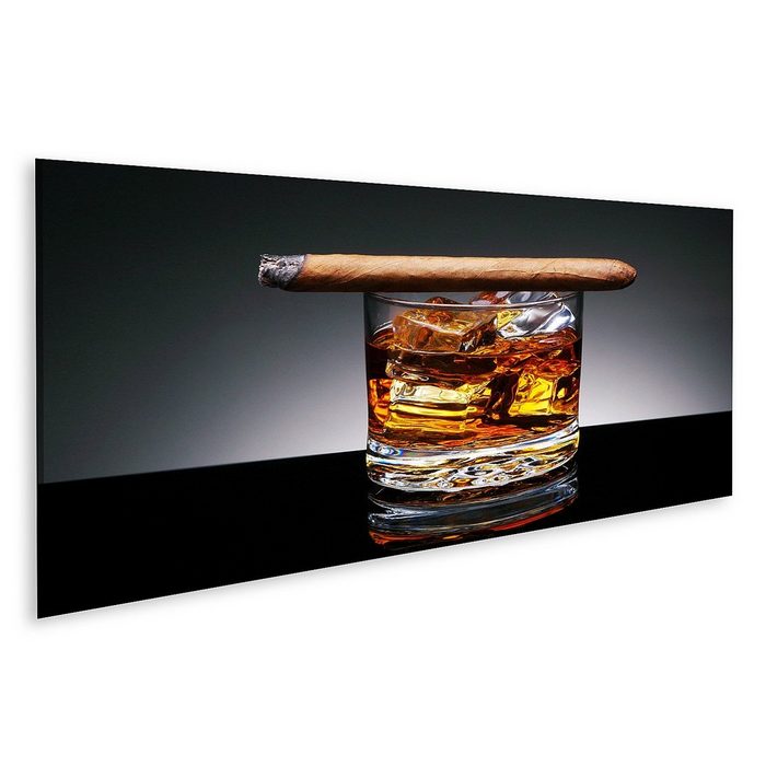 islandburner Leinwandbild Bild auf Leinwand Eine brennende Zigarre auf einem Glas Whiskey und Ei