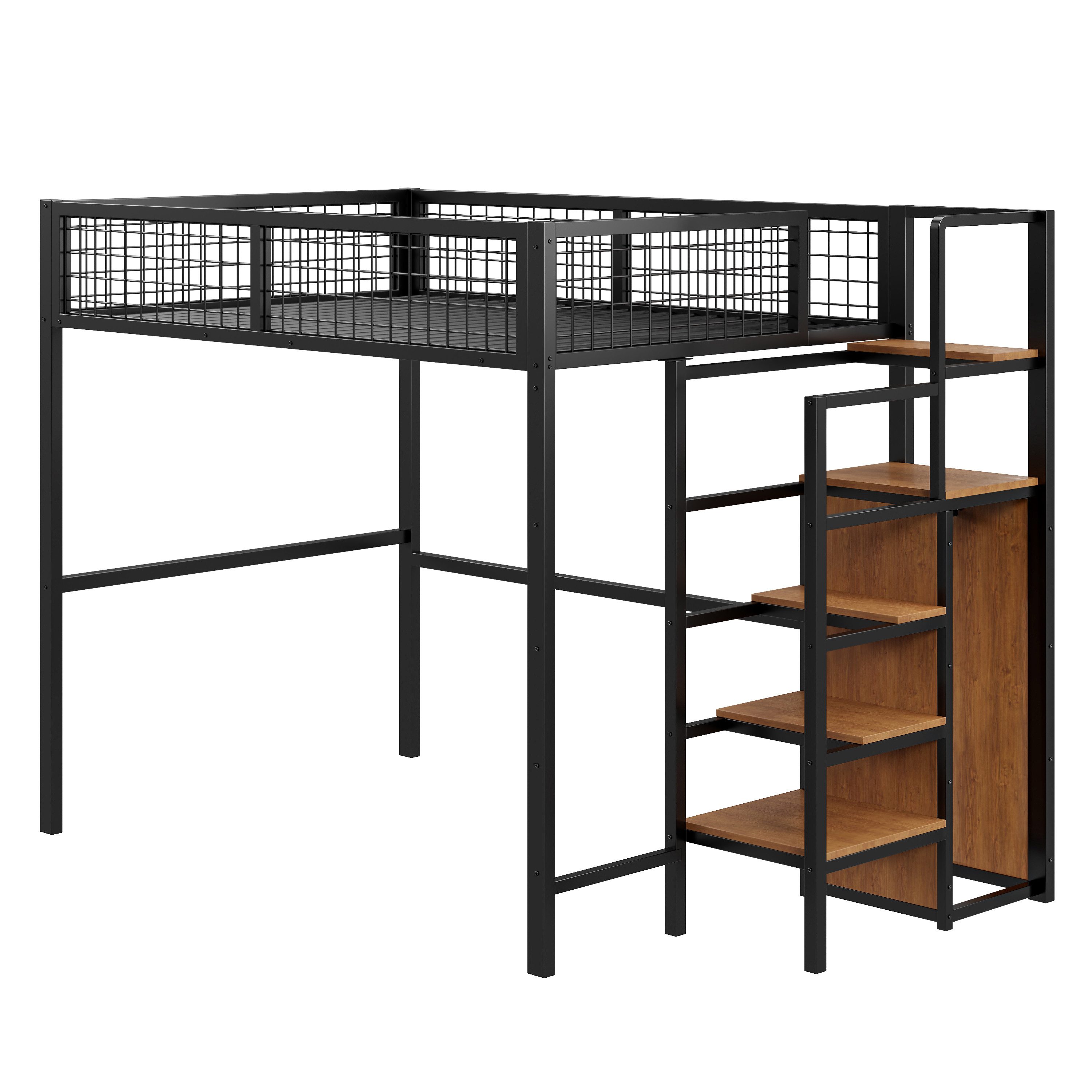 SOFTWEARY Hochbett (mit Kleiderschrank, 140x200 cm) Metallbett mit Rausfallschutz und Lattenrost
