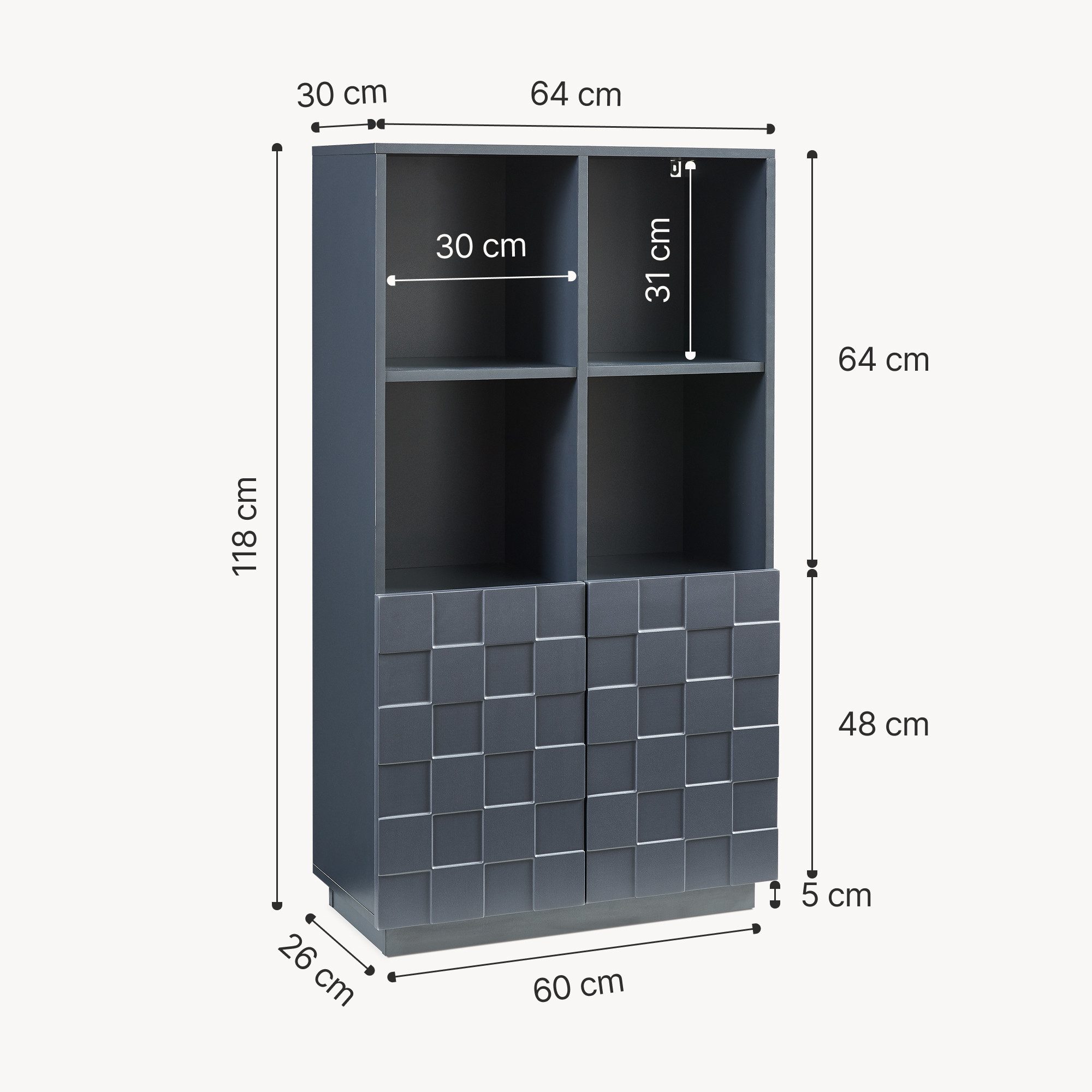 en.casa Hochkommode, »Bopibobro« mit 2 Türen 3D-Front 118 x 64 x 30 cm Dunkelgrau