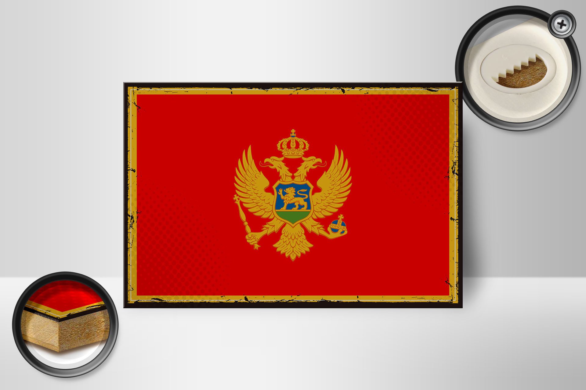 Femer GmbH Holzbild Flagge Montenegro 18x12cm Retro Flag Montenegro, Flaggen (1 St), Glatte Holzfaserplatte (MDF), vorn beschichtet