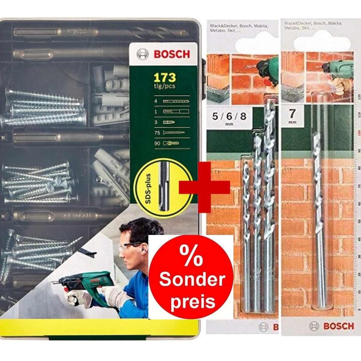 BOSCH Bohrfutter Bosch 173-teiliges SDS-plus-Befestigungs-Set, Beton, Dübel Bohrer