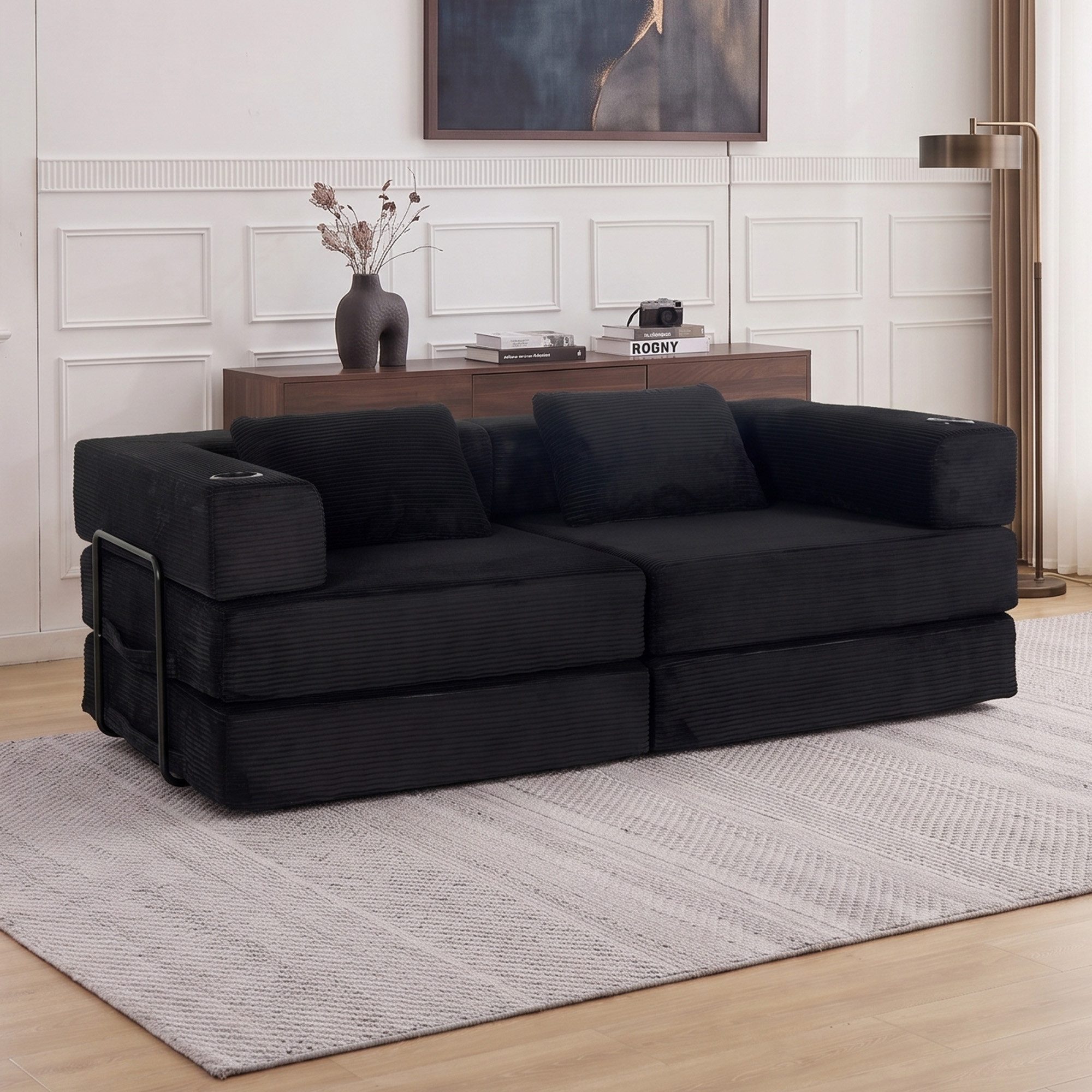 Sinaopus 2-Sitzer Sofas Wohnzimmer, modulares Sofa mit Schlaffunktion aus Cord, Mit Federkern, separaten Sitzkissen und praktischer Zuglasche