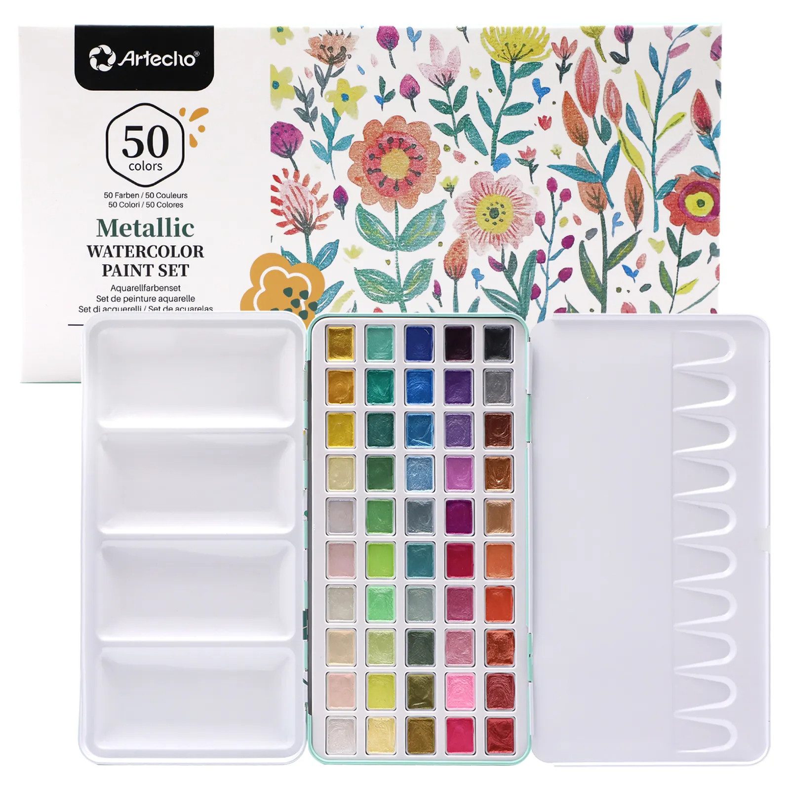 Artecho Aquarellfarbe Set- 50 Metallic Aquarellfarben Wasserfarben im praktischen Metalletui, -egal ob unterwegs oder Zuhause -für Künstler, Hobbymaler & Einsteiger