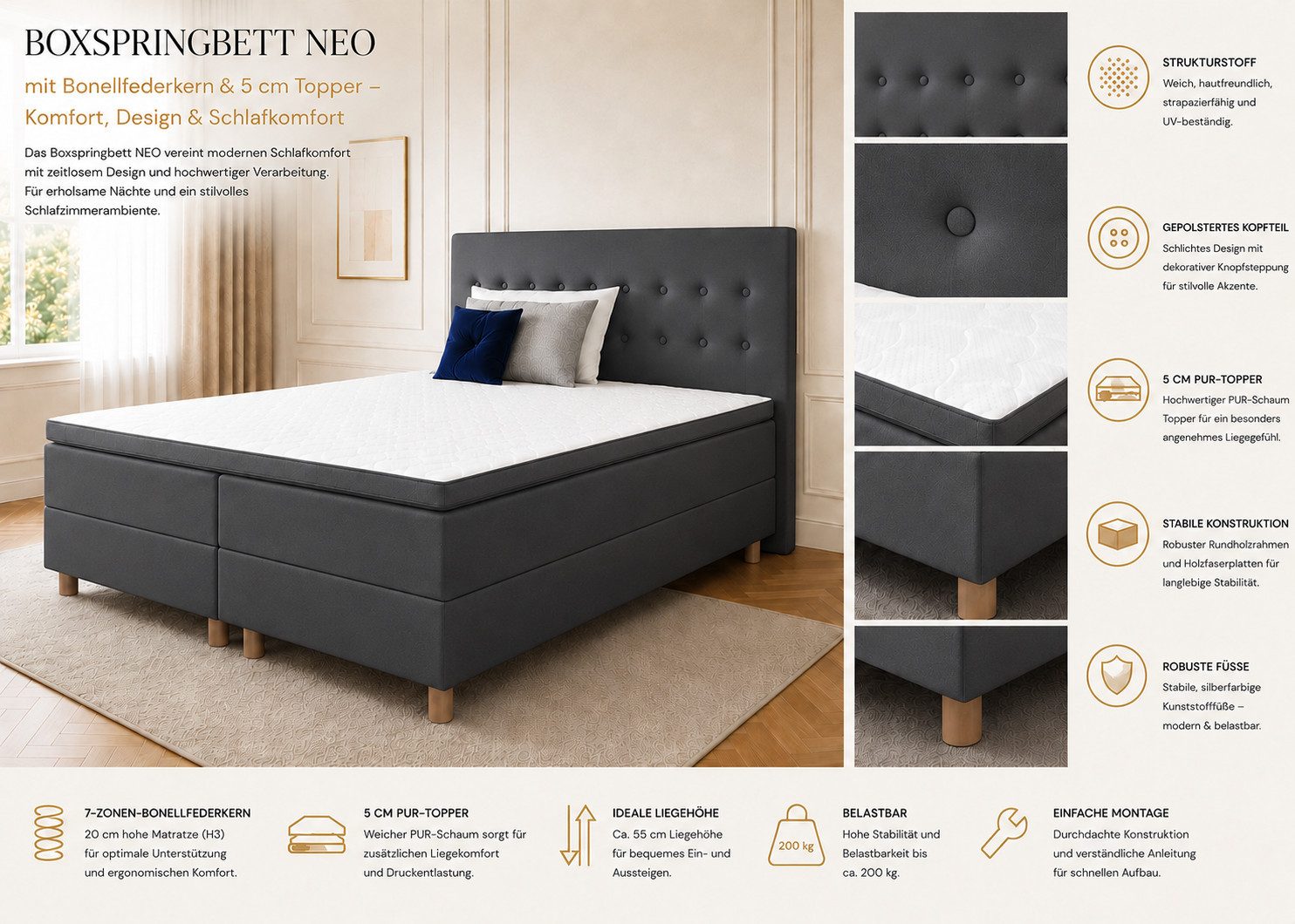 Best for Home Boxspringbett NEO mit Bonellfederkern & 5 cm Topper – Komfort & Design (Boxspringbett-Set, 6-St., 90x200 100x200 120x200 140x200 160x200 180x200 200x200 cm), Handwerksqualität, TOP- Preis-Leistungs-Verhältnis