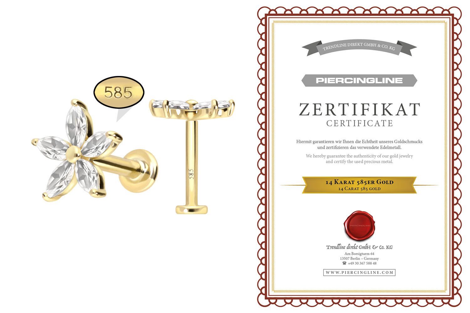 PIERCINGLINE Piercing-Set 14 Karat Gold Labret mit Innengewinde MOISSANIT-BLUME (Labrets, 1-tlg)