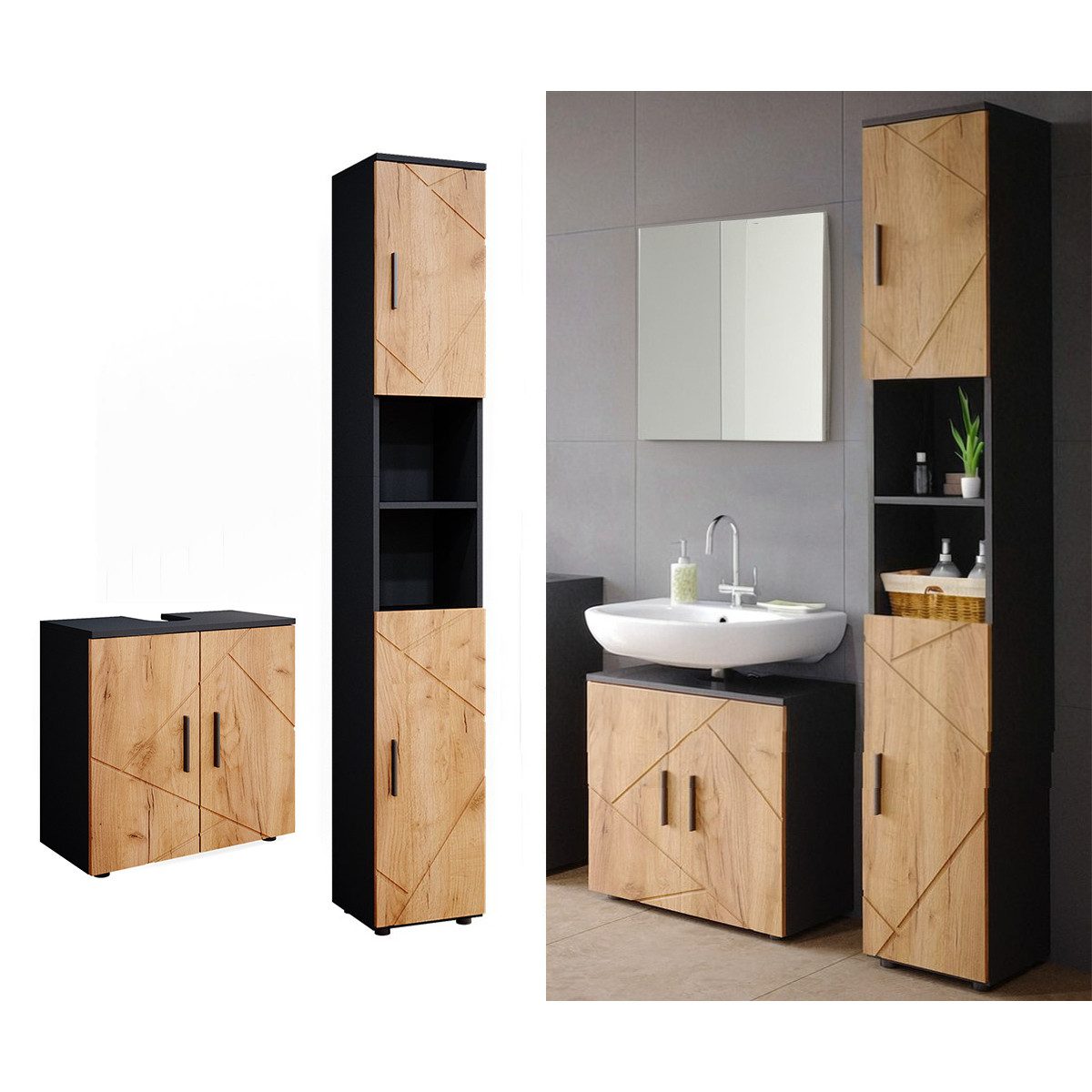 Vicco Badmöbel-Set Irma, Goldkraft Eiche/Anthrazit/Goldkraft Eiche, 2 Teile günstig online kaufen