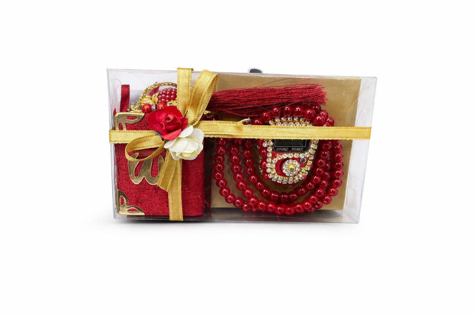 Aymasal Perlenketten-Set Islamische Geschenke 3tlg. 99 Perlenkette & Fingerzähler & Mini Koran, Dhikr Zähler mit Strasssteinen, schöne Geschenkverpackung