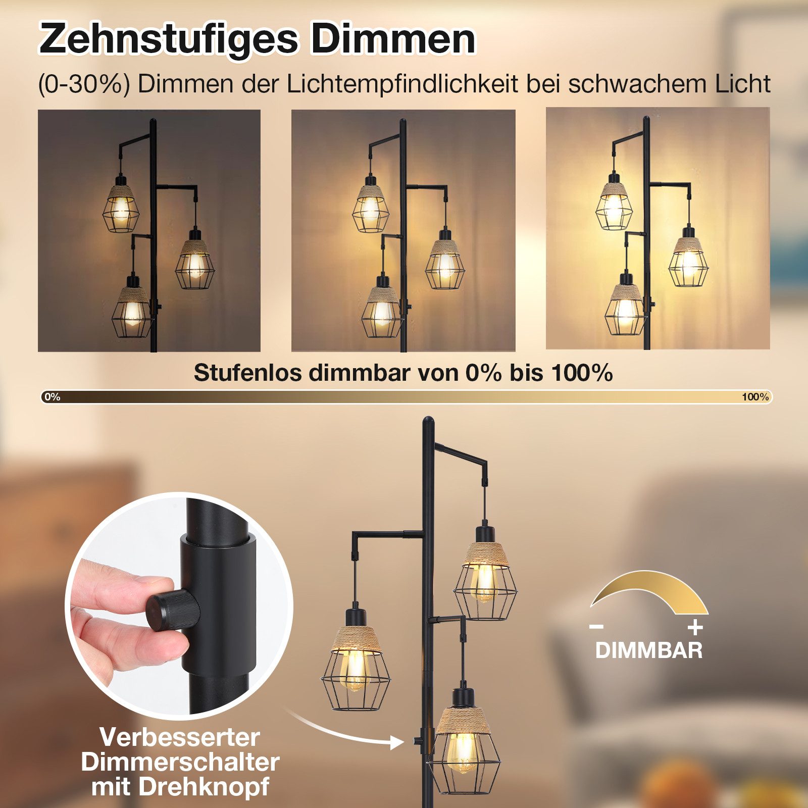 Sunicol Stehlampe 175cm Dimmbar LED Stehlampe mit 3 Glühbirnen für Schlafzimmer, LED wechselbar, Warmweiß, Metall Vintage Stehlampen für Wohnzimmer, Esszimmer